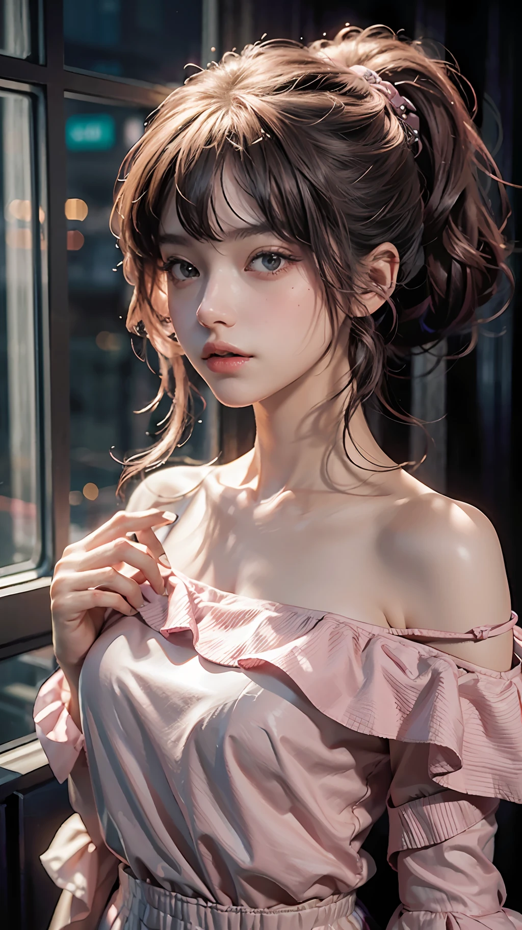 A close up of a woman in a pink dress near a window - SeaArt AI