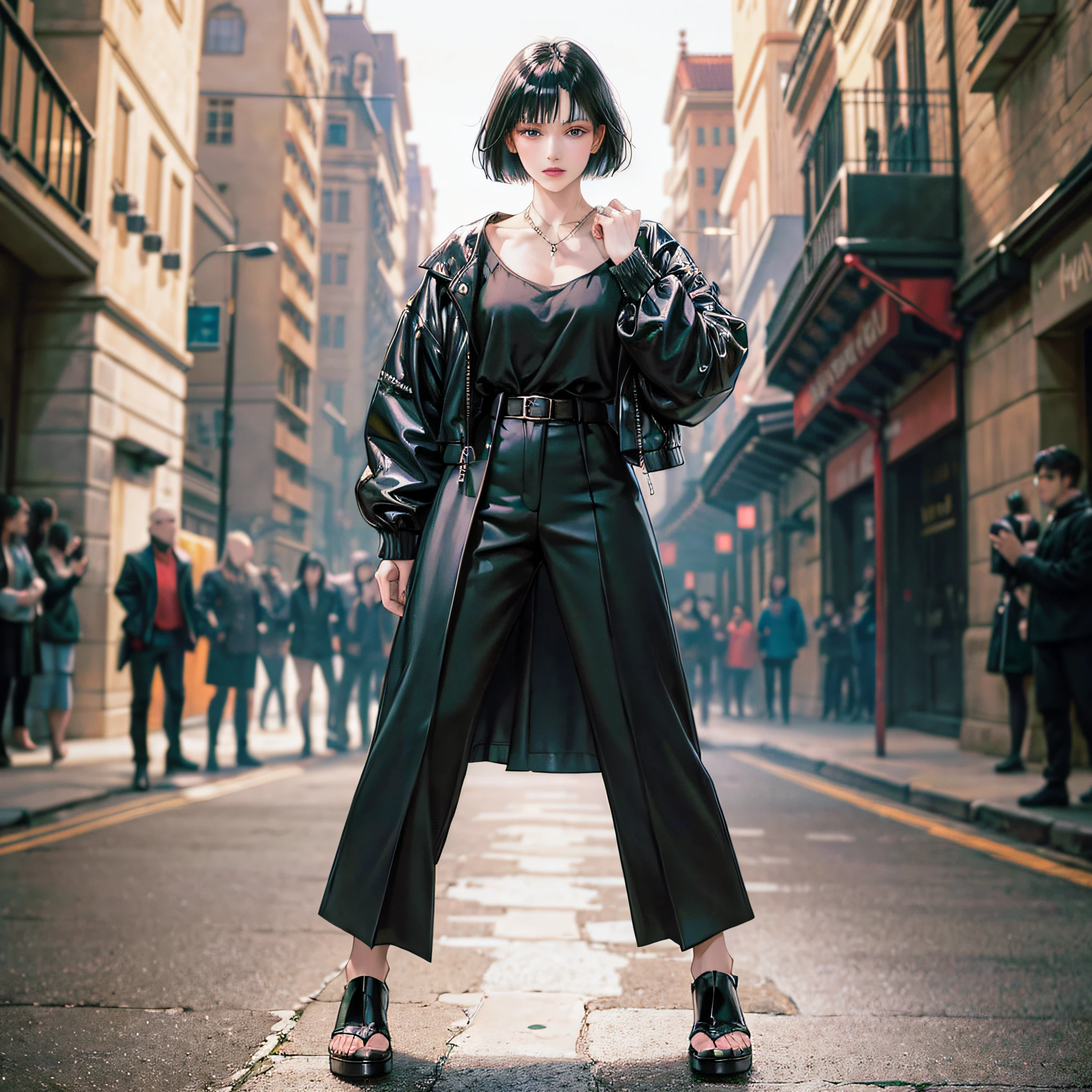 mode fashion, black, shirt, jacket, wide pants, well-designed clothing, stylish, yohji yamamoto, background is white, model is transcendently beautiful caucasian woman, hairstyle is black hair short bob, live-action picture, full body up to legs --auto --s2