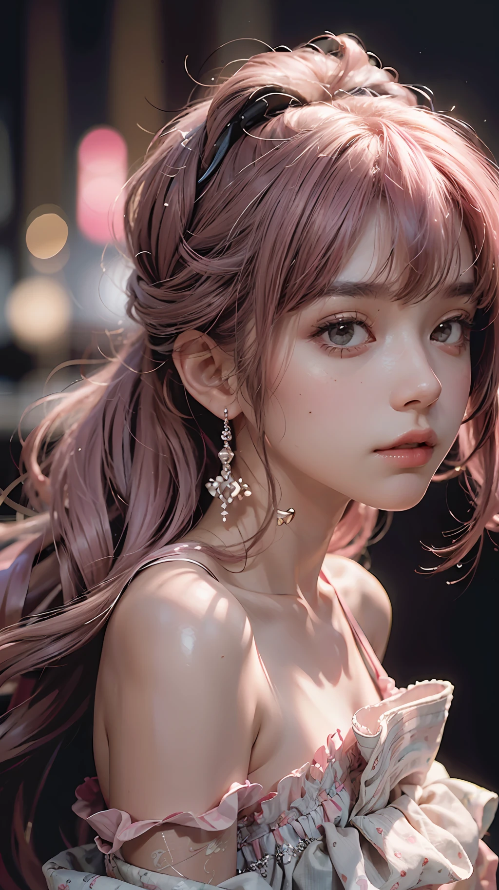 Best Quality, Masterpiece, Ultra High Resolution, (Realisticity: 1.4), Original Photo, 1girl, Pink Off-the-Shoulder, Cinematic Lighting