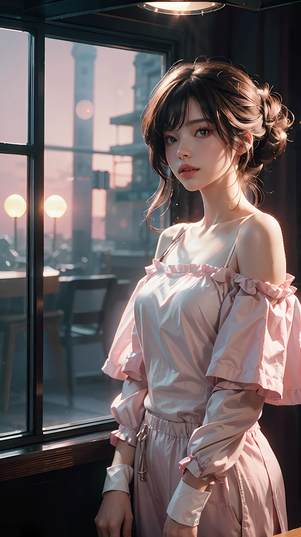 Best Quality, Masterpiece, Ultra High Resolution, (Realisticity: 1.4), Original Photo, 1girl, Pink Off-the-Shoulder, Cinematic Lighting