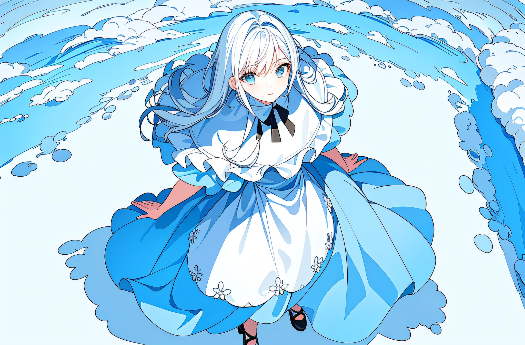 Masterpiece, (Best Quality), (1 Girl), Solo, (High Contrast: 1.2), (High Saturation: 1.2), ((Hands on Pockets)), ((Black and White Dress)), Looking at the Audience, ((White and Light Blue Theme: 1.3)), ((White and Light Blue Background: 1.5)), White Hair, Blue Eyes, ((Walking: 1.3)), Full Body, Black Footwear, ((Sky and White Clouds and Light Blue Water in Day)), ((From Above: 1.2)), Ink Painting, Middle Finger