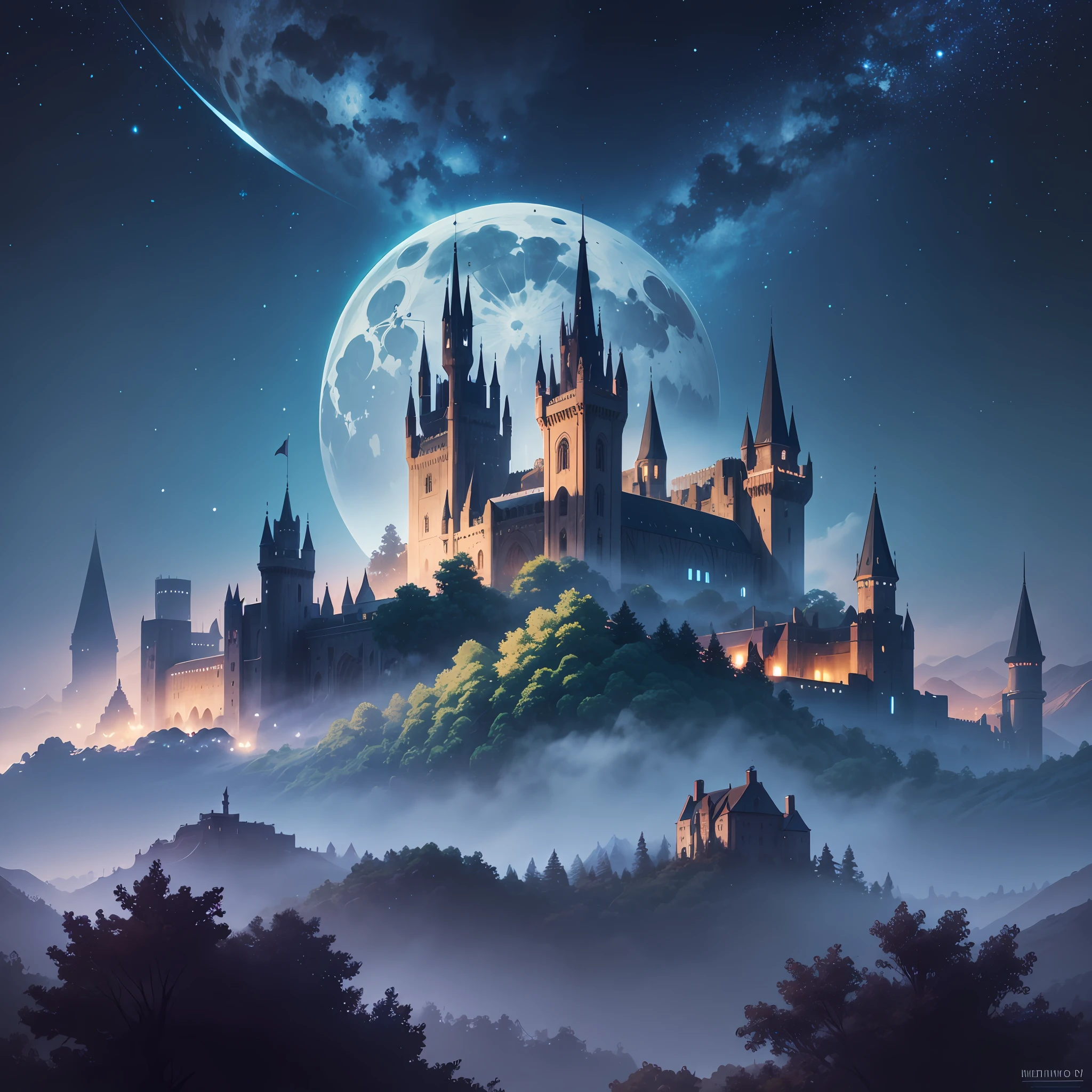 Concept of a 2D gaming background, frontal view, with medieval castles in the background, shadowy mountains, and leafy trees, starry sky with the moon shrouded in mist --auto --s2
