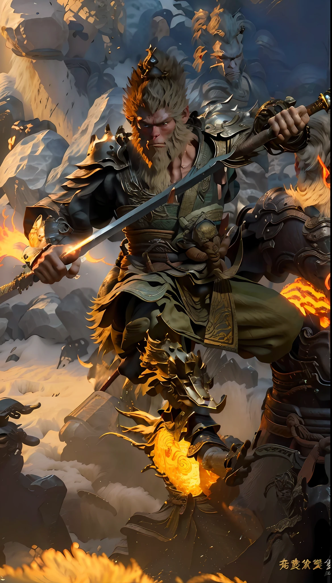 there is a man with a sword and a fire in his hand, sun wukong, wukong, guan yu, inspired by Huang Shen, inspired by Hu Zaobin, inspired by Yang Jin, legendary god holding spear, by Yang J, bian lian, monkey king, inspired by Li Kan, chengwei pan on artstation