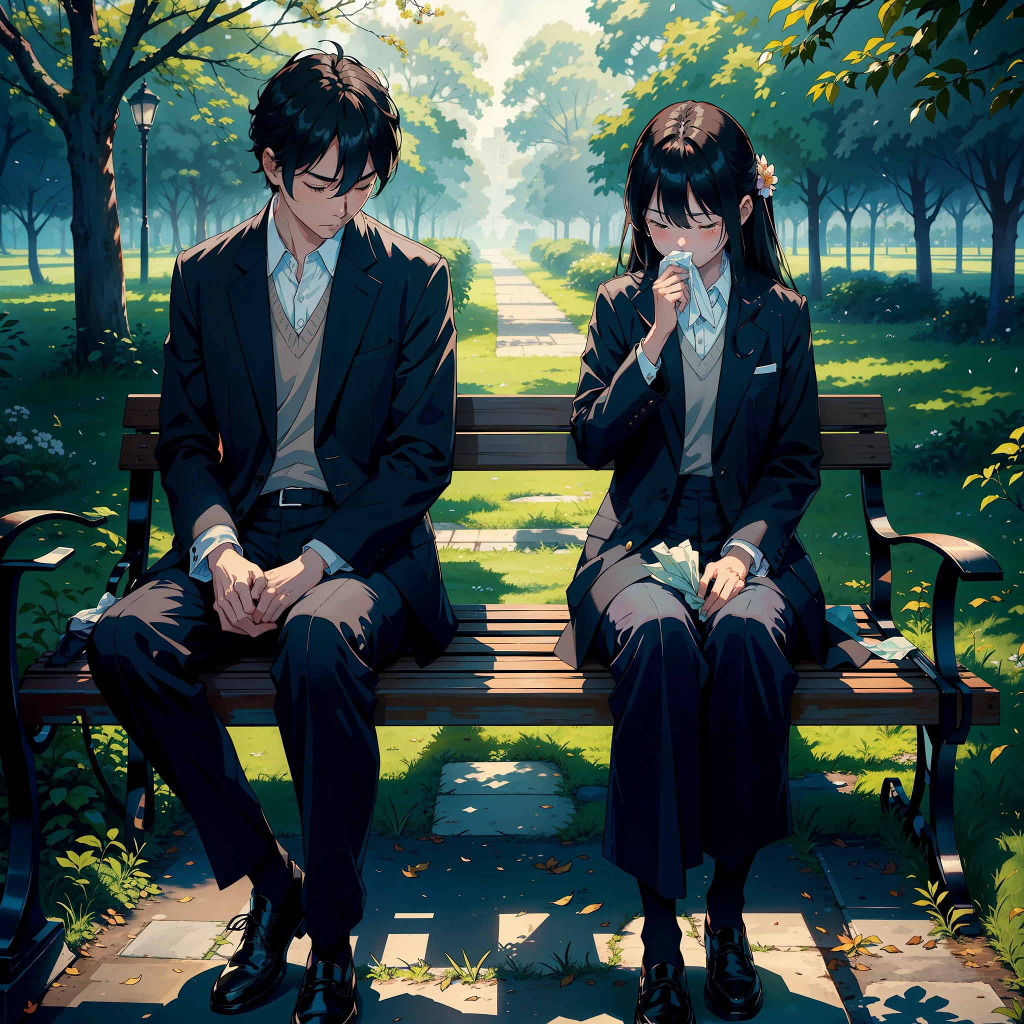 masterpiece, official art, 8k, highly-detailed, best quality, a couple sitting on a bench in a park, their body language tense and distant, 一个20岁的女孩,难过的表情,黑色长发, 蓝光眼,, 粉色连衣裙, holding a tissue while wiping away tears, the man looking down at the ground, a pained expression on his face, a distance growing between them, a flock of birds flying overhead, the sound of their chirping filling the air, a bouquet of flowers lying forgotten on the bench, a symbol of their failed relationship, the leaves on the trees turning from green to yellow, a sign that time is passing, a couple walking hand in hand in the background, a reminder of what they once had and what they have lost