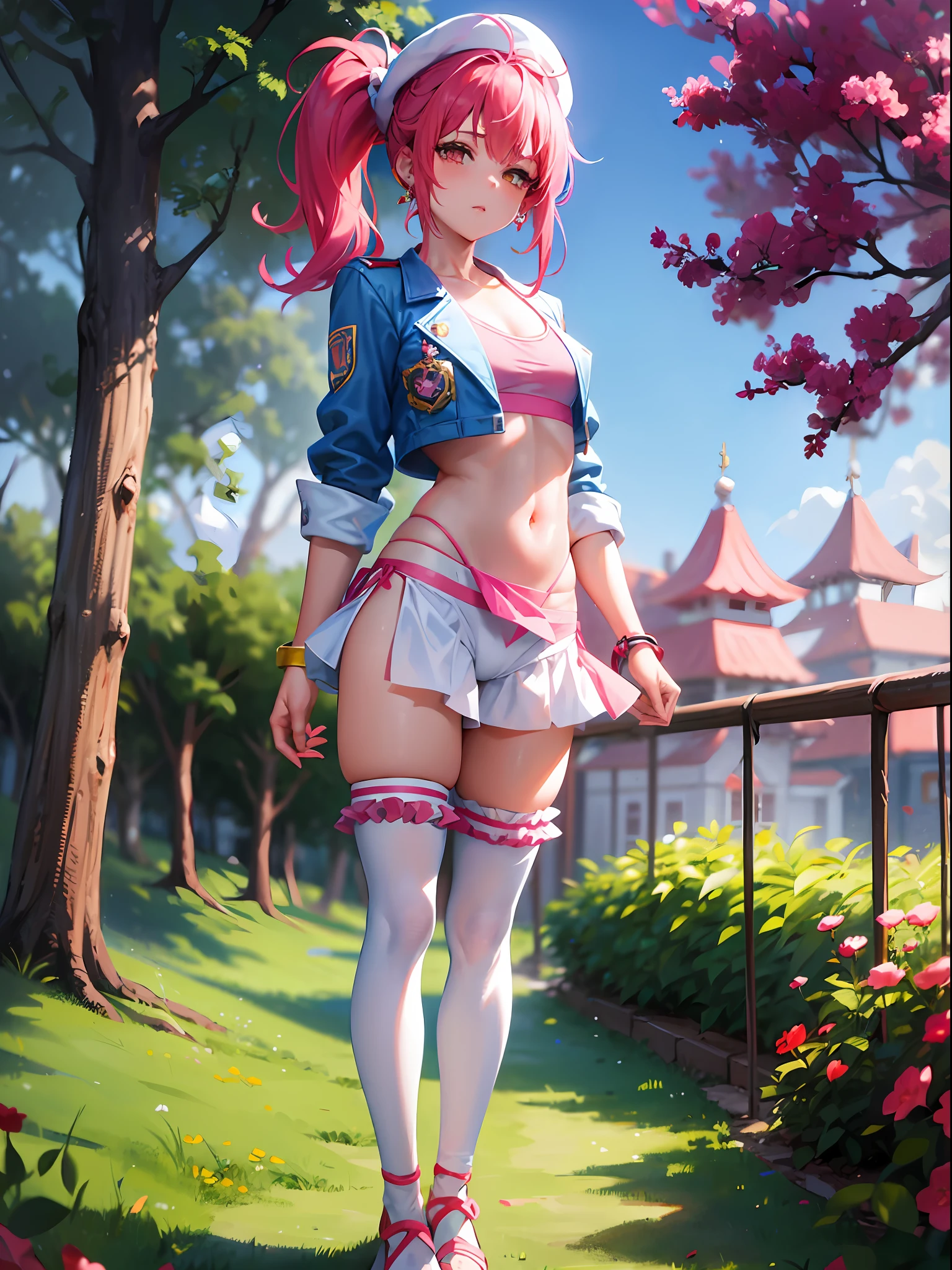 Red ponytail, blue ribbon, pink hat with yellow flowers, earrings, light blue sleeves or jacket, pink sports bra, white loincloth, pink fluffy pants, white shoes with curved toes, small breasts, loli, outdoors