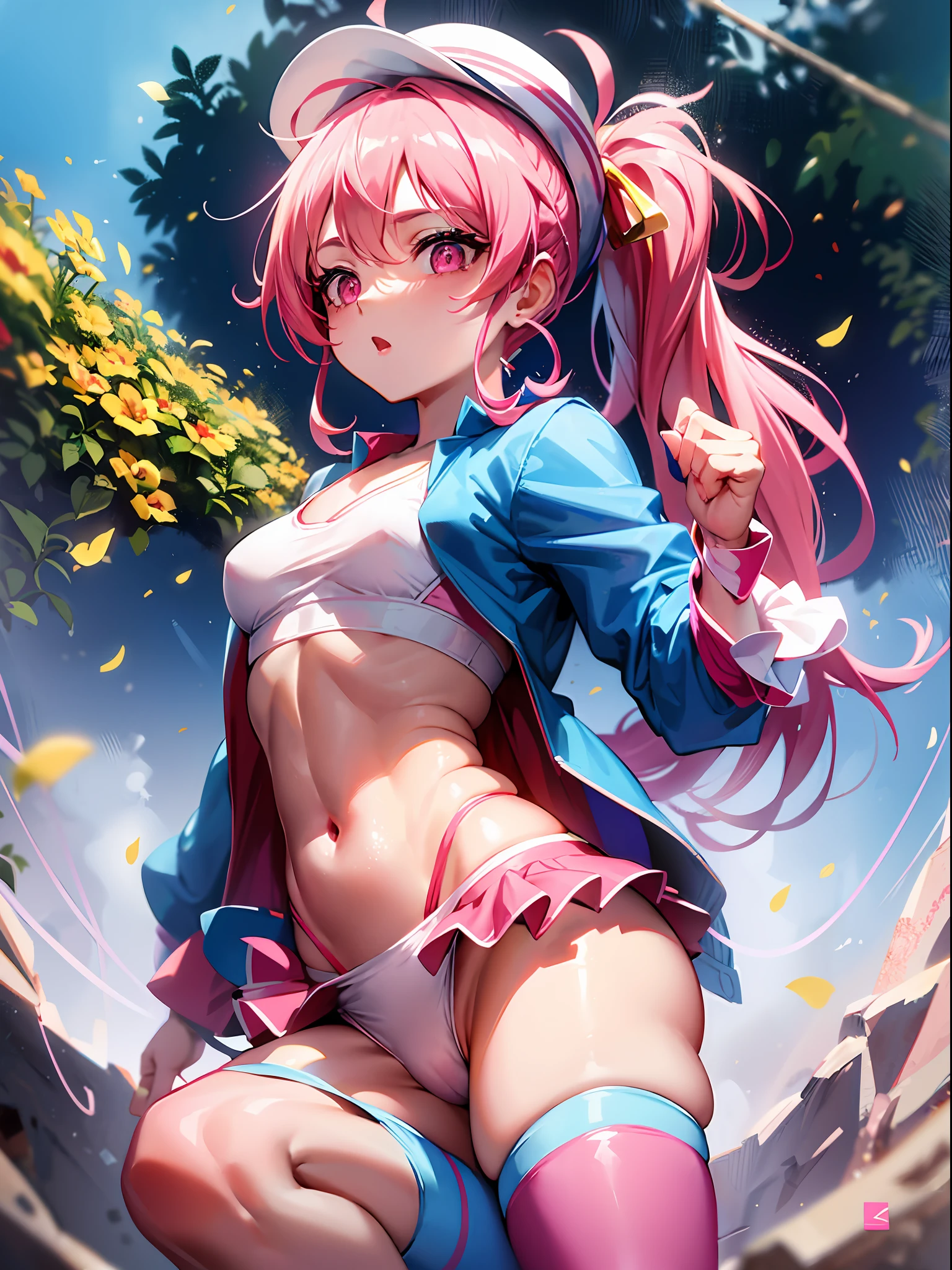 Red ponytail, blue ribbon, pink hat with yellow flowers, earrings, light blue sleeves or jacket, pink sports bra, white loincloth, pink fluffy pants, white shoes with curved toes, small breasts, , outdoors