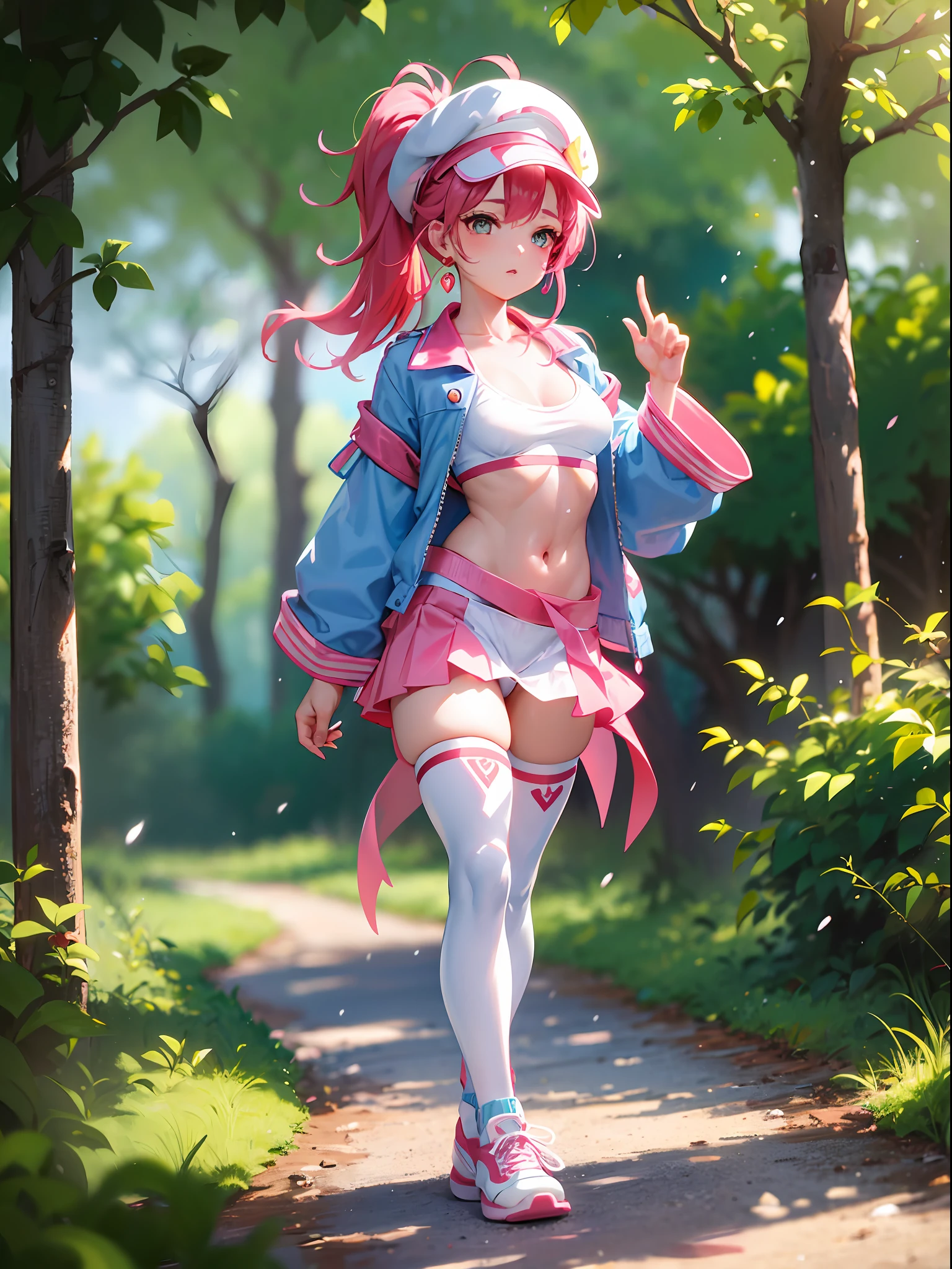Red ponytail, blue ribbon, pink hat with yellow flowers, earrings, light blue sleeves or jacket, pink sports bra, white loincloth, pink fluffy pants, white shoes with curved toes, small breasts, loli, outdoors
