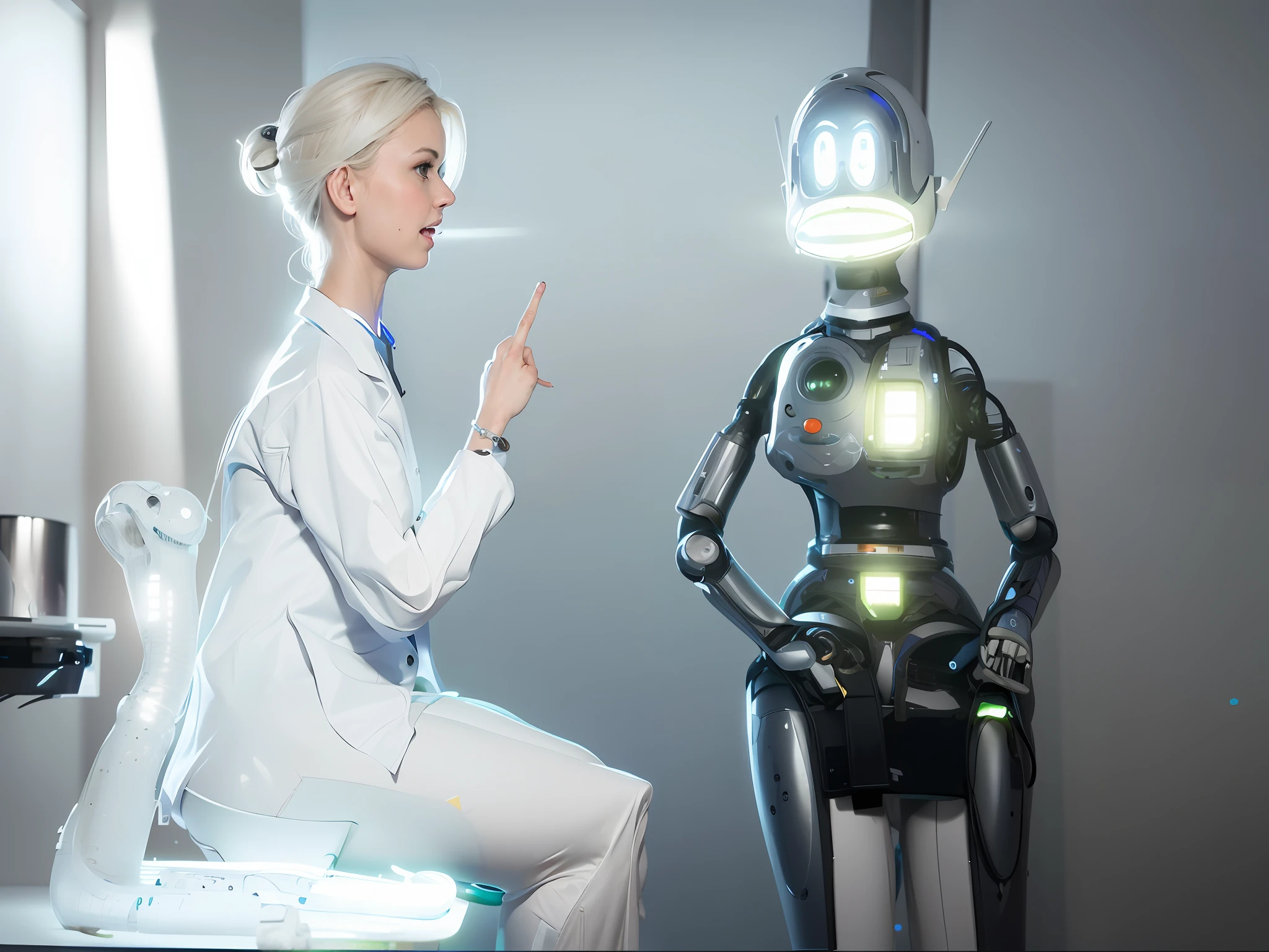 8K, ultra-detailed, physically based rendering, 1 female doctor in lab coat and white pants, 1 robot, examination room background, natural fluorescent light from above, total lighting with fluorescent light, illuminate the whole with bright light, midday, bright room, daytime room, overall lighting from above with fluorescent light, bright room, photorealistic