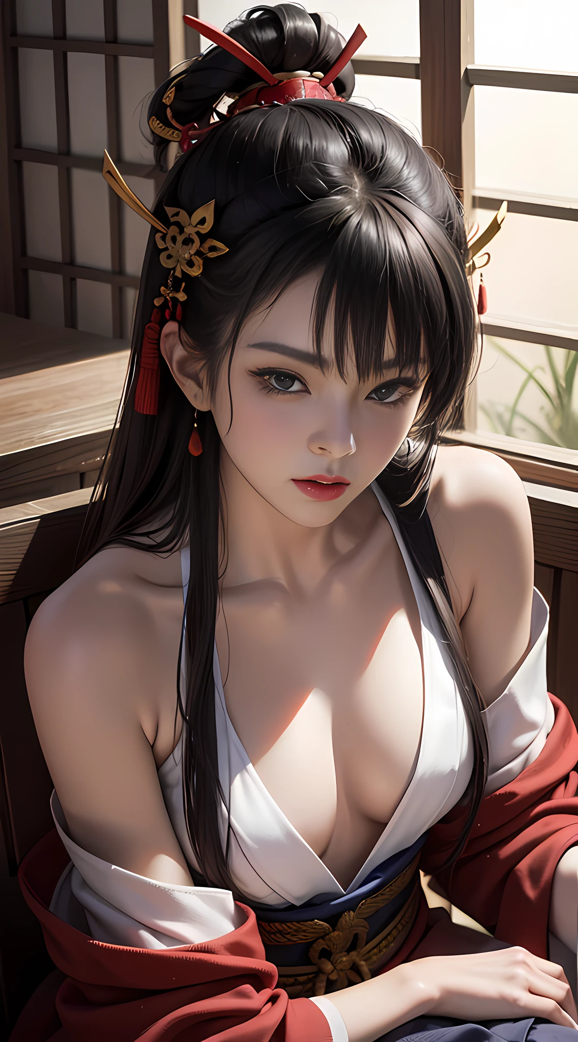 A samurai woman with samurai mask, gorgeous sitting position with sward, half chest arms, photo of Jason Chen, tumblr, shin hanga, beautiful asian girl, japanese model, beautiful body and face, attractive body, beautiful asian woman, sexy girl, gorgeous young woman, perfect body, sexy body, sexy body and face, korean girl, beautiful body, beautiful model girl, realistic style