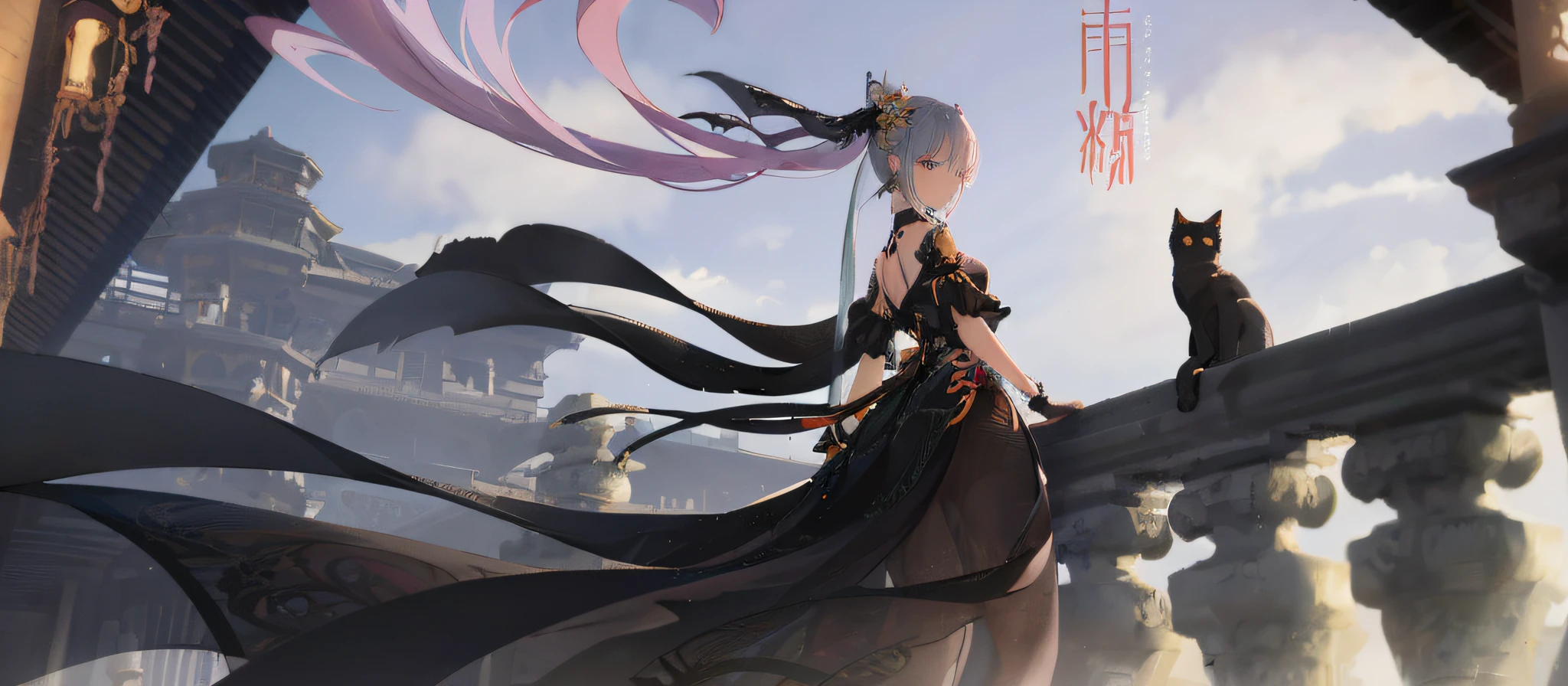 Anime girl long hair and black cat on balcony, 2.5D CGI anime fantasy artwork, best anime 8k konacha wallpaper, Güvez style artwork on Pixiv, Artstation, WLOP and Krenz Kusaud, delicate facial features, black silk leg rings, sunlight spilling from the window, relaxed and natural. Extreme, boutique, super detailed