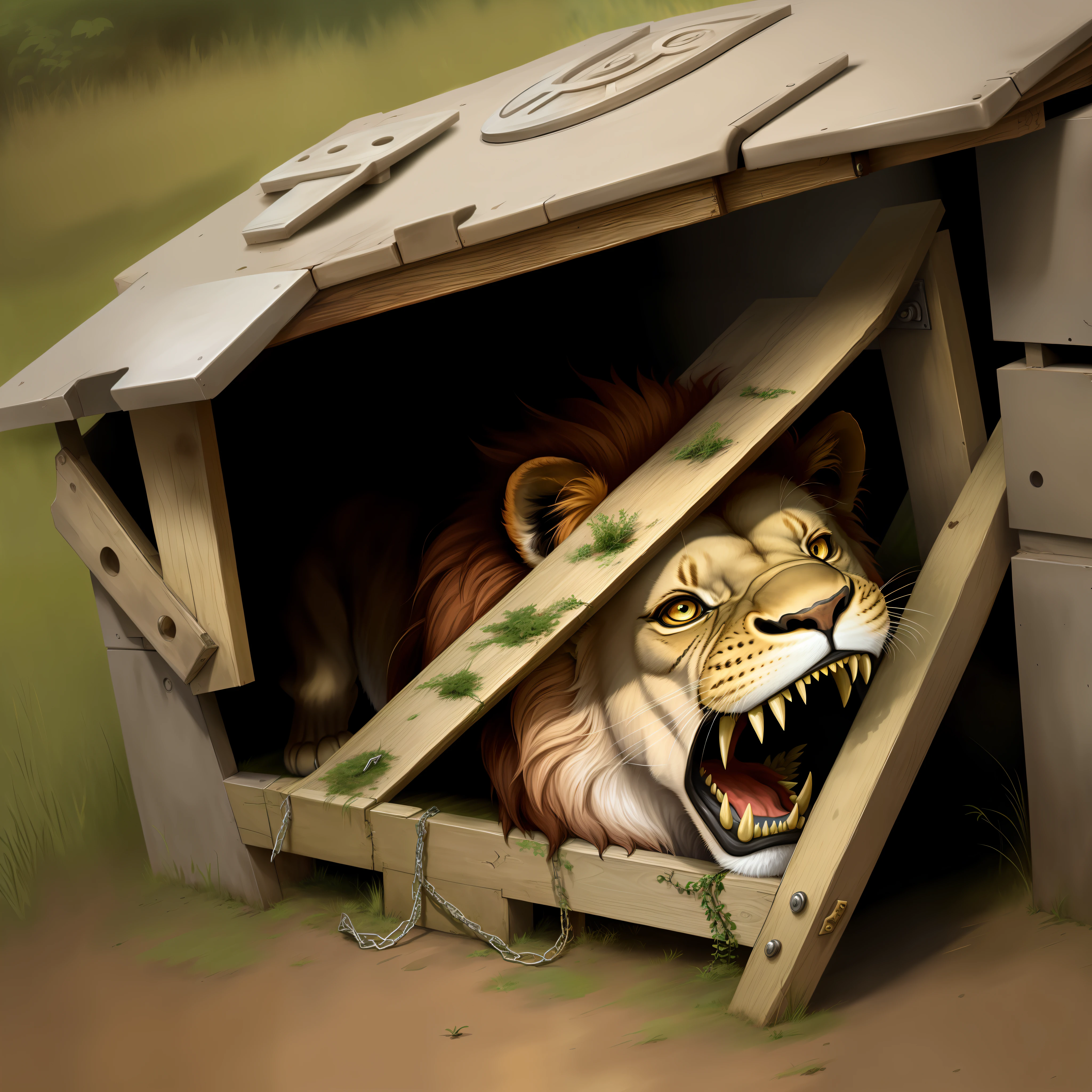 Lion trapped in a trap