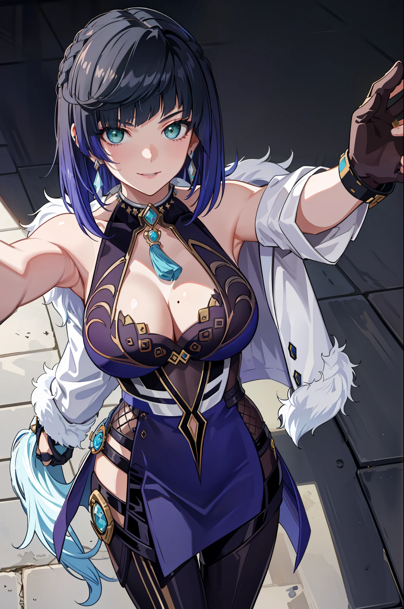 masterpiece, best quality, YelanV4, 1girl, solo, looking at viewer, blush, smile, large breasts, gloves, dress, cleavage, jewelry, green eyes, jacket, earrings, armpits, fur trim, blue dress, white jacket, tassel, arms behind back, pelvic curtain, mole on breast, jacket on shoulders, vision (genshin impact), purple lips, dice