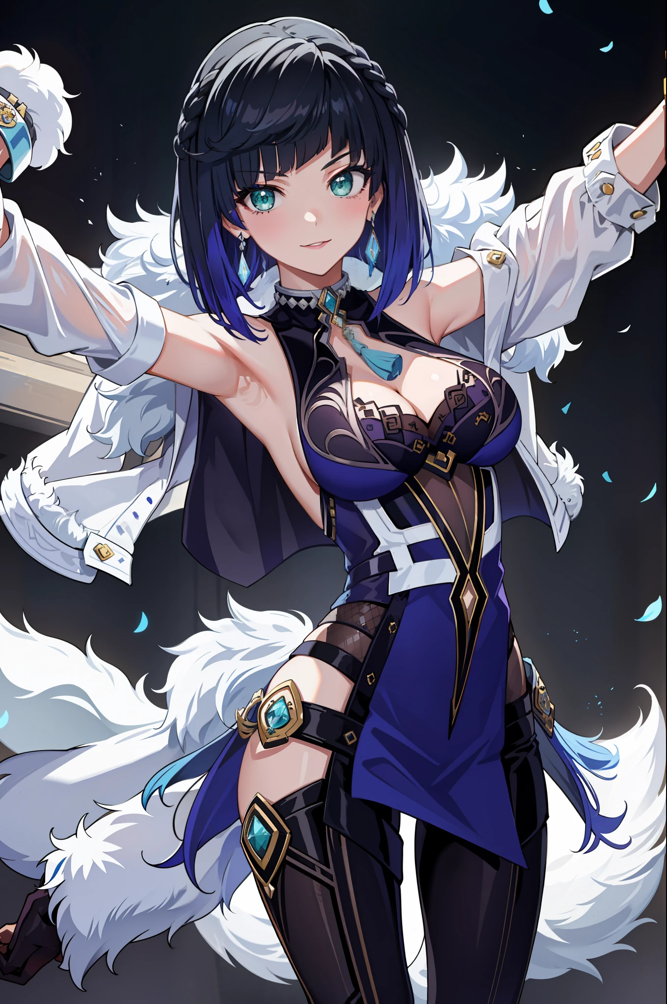 masterpiece, best quality, YelanV4, 1girl, solo, looking at viewer, blush, smile, large breasts, gloves, dress, cleavage, jewelry, green eyes, jacket, earrings, armpits, fur trim, blue dress, white jacket, tassel, arms behind back, pelvic curtain, mole on breast, jacket on shoulders, vision (genshin impact), purple lips, dice