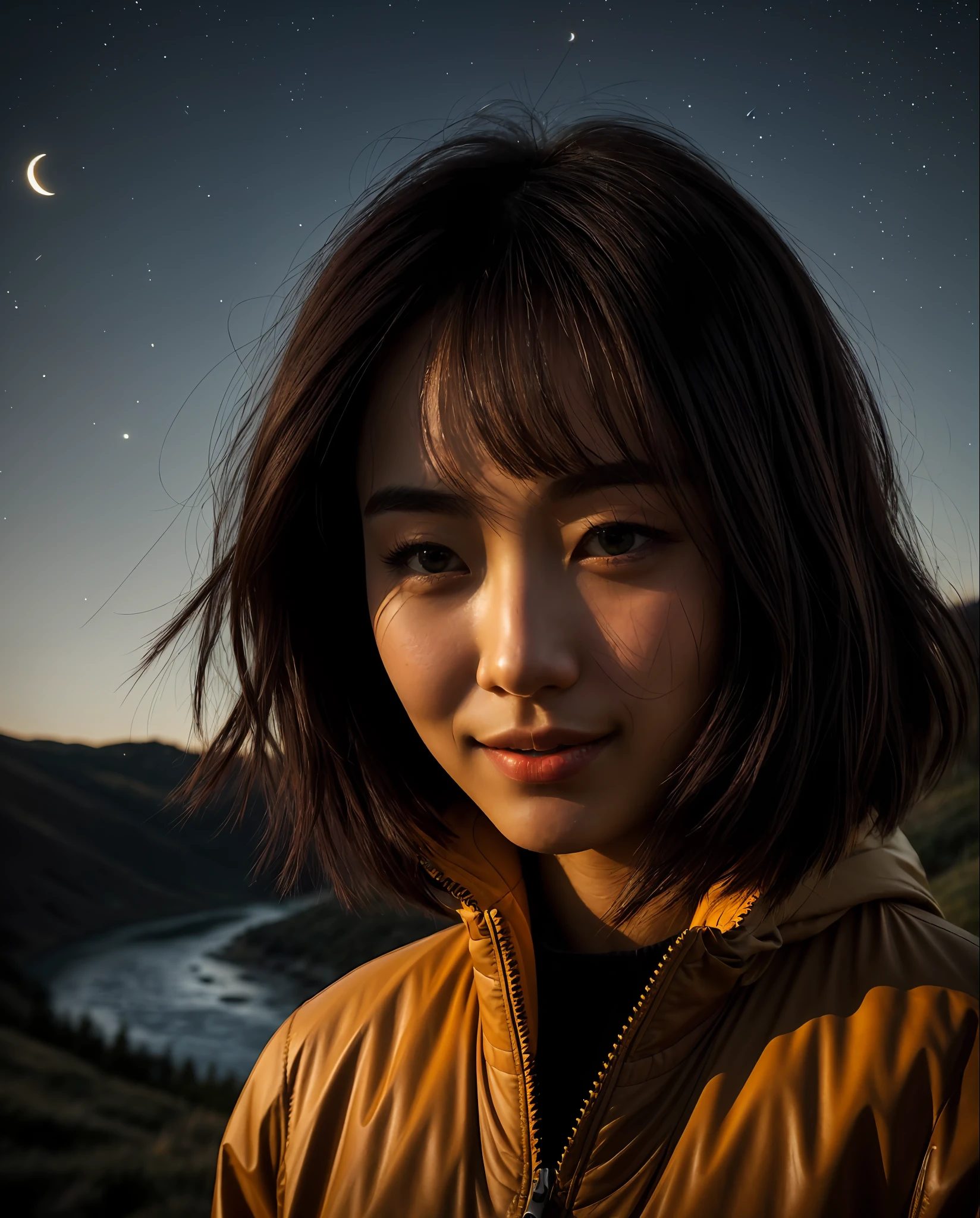 ((top quality, 8k, masterpiece: 1.3)), Korean woman (1, 20 years old, smile, very detailed face and skin and hair texture, detailed eyes, double eyelids, white skin, beautiful delicate nose, bright hair color, slightly longer bob cut hair, parka wearing, chinos wearing, mountain boots wearing), overhead camera, sharp focus: 1.2, while emphasizing the subject's hair, eyes, mouth, action The composition is pleasing to the eye and thought-provoking. ⠀
ground, outdoor, (night), mountain, nature, (stars, moon) cheerful, wind, happy, backpack, tent, bonfire, forest, river, smoke, shadow, contrast, clear sky, style, (warm shades, warm tones), pleasant to the eye, while exuding melancholy emotions, characterized by a contrasting mix of calm tones and light and shadow, with dynamic angles, It is a thought-provoking composition.