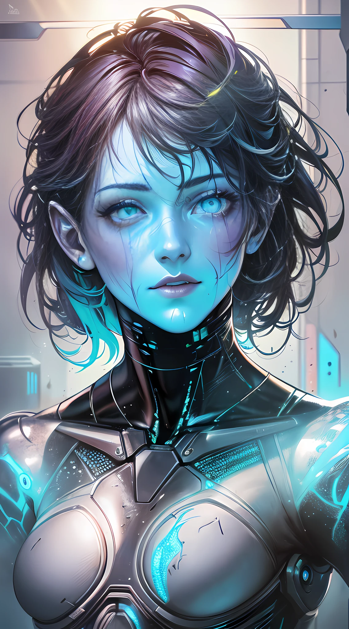 cyborg robot, lighting, scar, refraction, pose, super fine, hd, 8K, highlight, good lighting, most amazing effects, sci-fi, ((art of carne griffiths and sean yoro)) ray tracing, body glow, realistic style