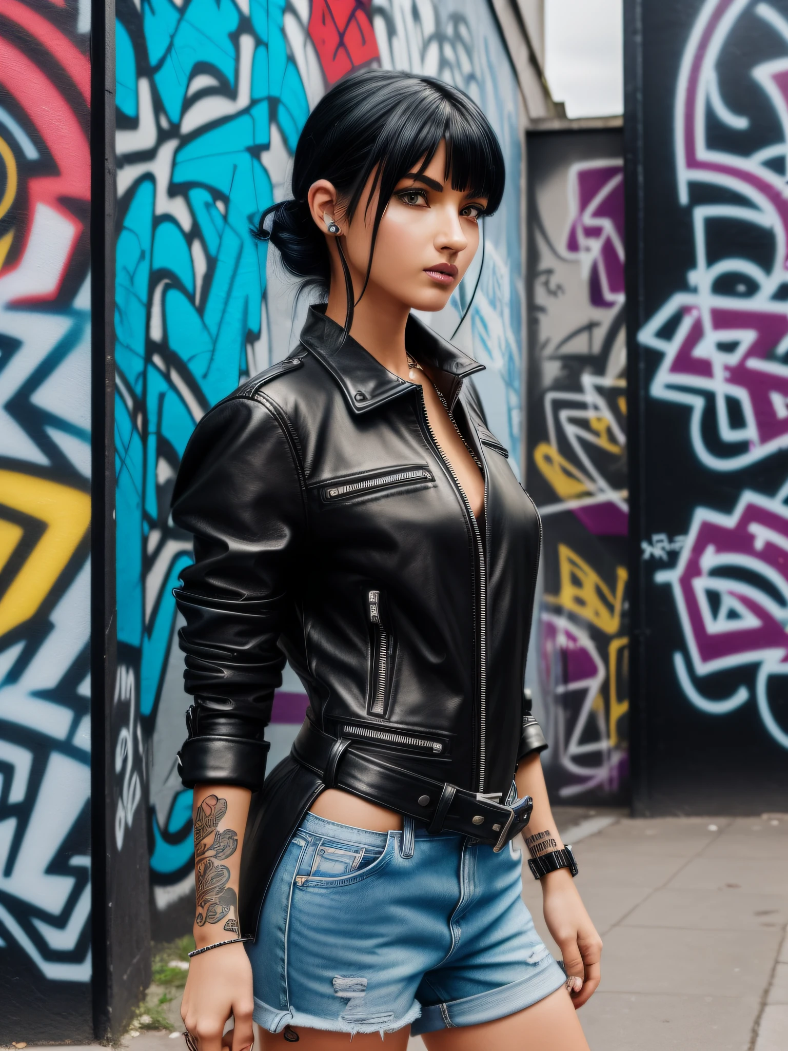 street girl, modern style dress, black short leather coat with no blouse underneath, torn blue jeans, with black hair and pink tips, a tribal tattoo on the arm, black eyes, ((full body)), (((perfect face)),((perfect iris eyes)), walking in the city by day, on street with some cars and walls with graffiti art, Social realism,  Realism, ray tracing, reflection light, high quality, high details, super detail, 8k, 16k, best quality