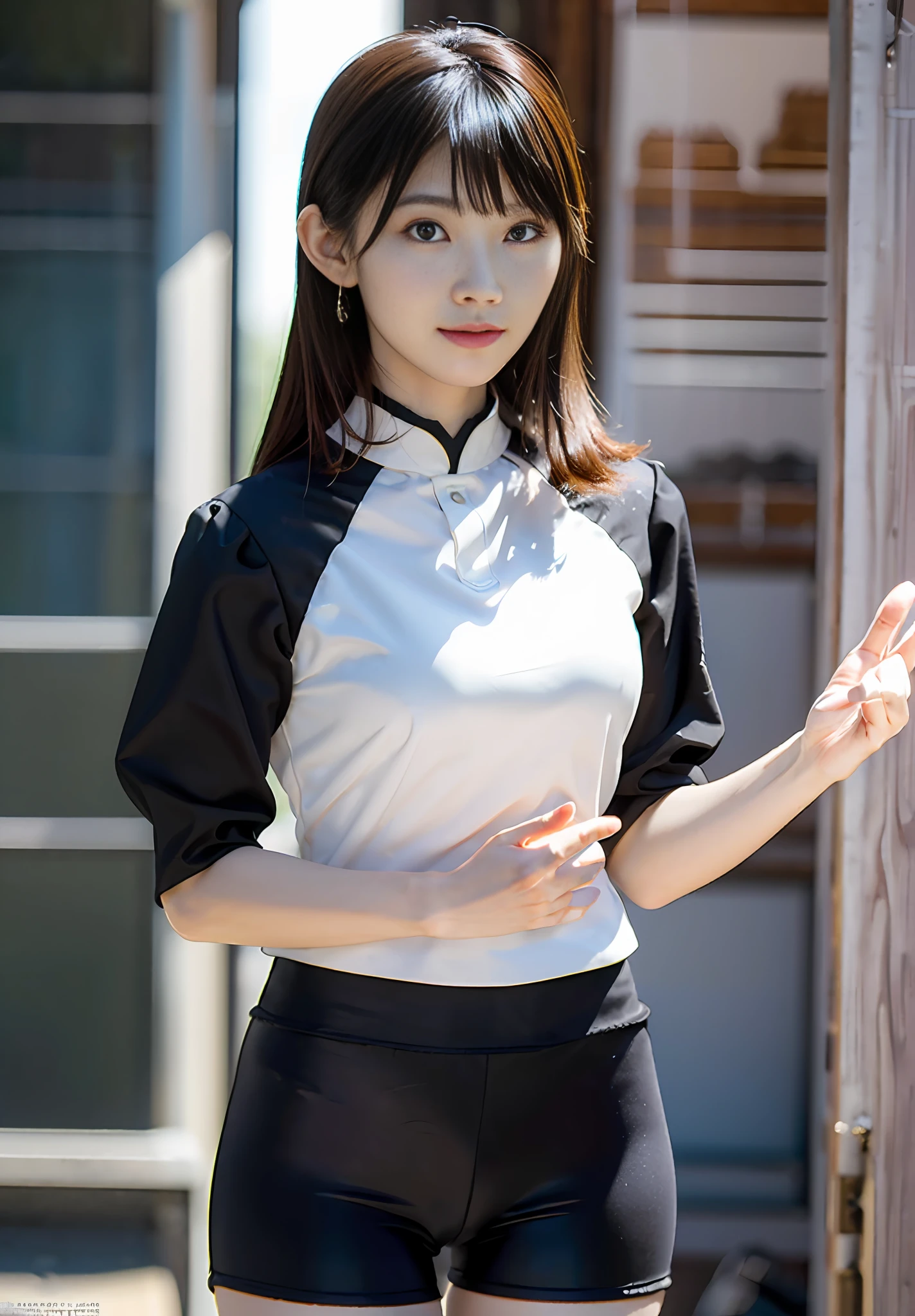 masterpiece, masterpiece, best quality, best quality, real, unity, 8k wallpaper, official art, highly detailed cg unity 8k wallpaper, ulzzang-6500, one girl, cute, professional lighting, ((glossy, long black spandex shorts: 1.37)), long hair, uniform, pleated skirt, random posture, (original: 1.2), (real: 1.4), super detailed, High resolution、ultra detail,amazing, fine detail, cinematic lighting, simple costumes, detailed clothing textures. (8k, RAW photo, highest quality, masterpiece: 1.27), (realistic, photorealistic: 1.37), physically based rendering, handsome, masterpiece, highest quality, high resolution,