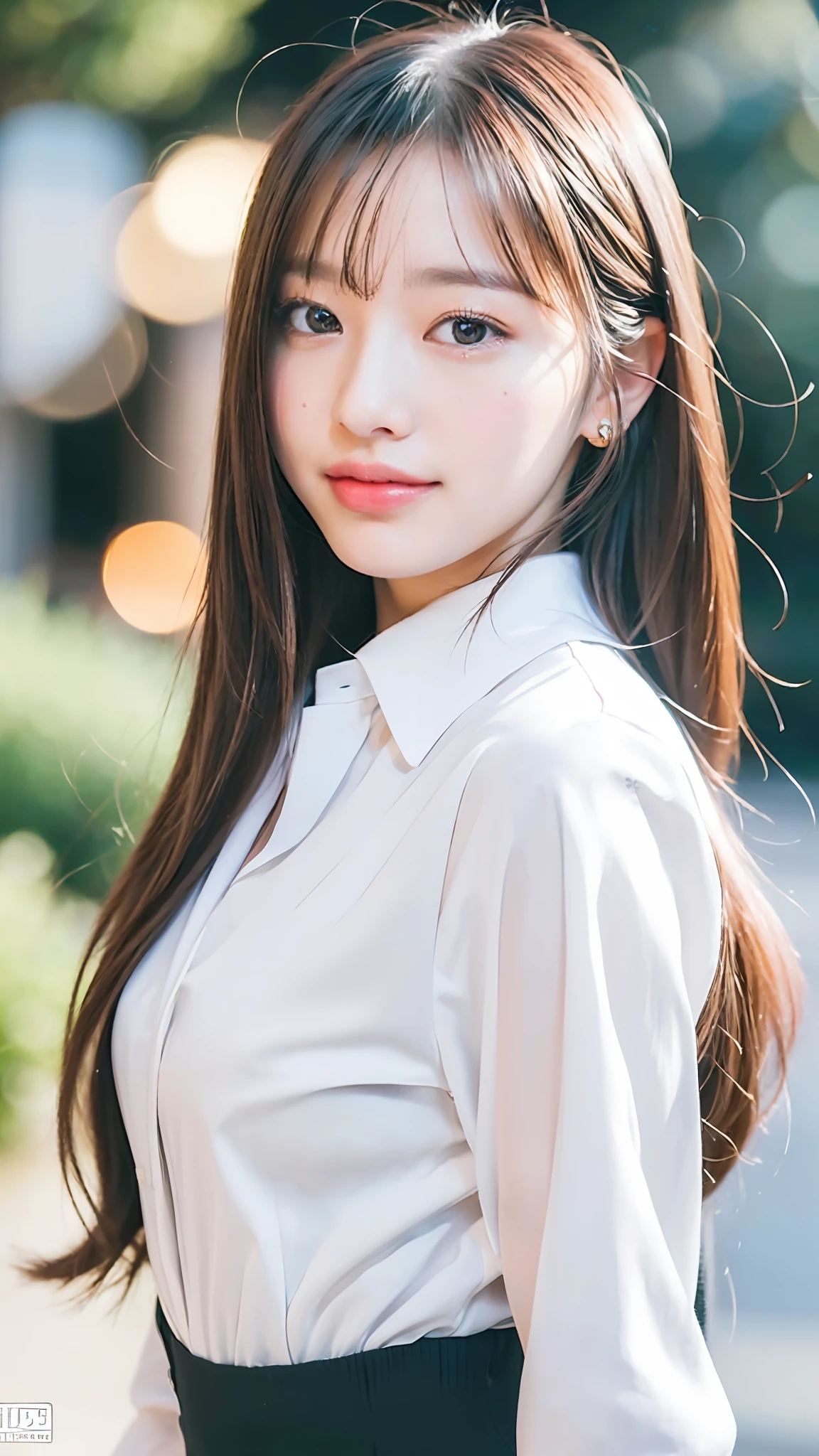 (8K, Best Quality, Masterpiece, Ultra High Definition, High Definition Face: 1.3), Portrait, (20-year-old girl: 1.3), Beautiful, Cute, Bokeh, (full body shot: 1.3), light smile, formal clothes, face the front,