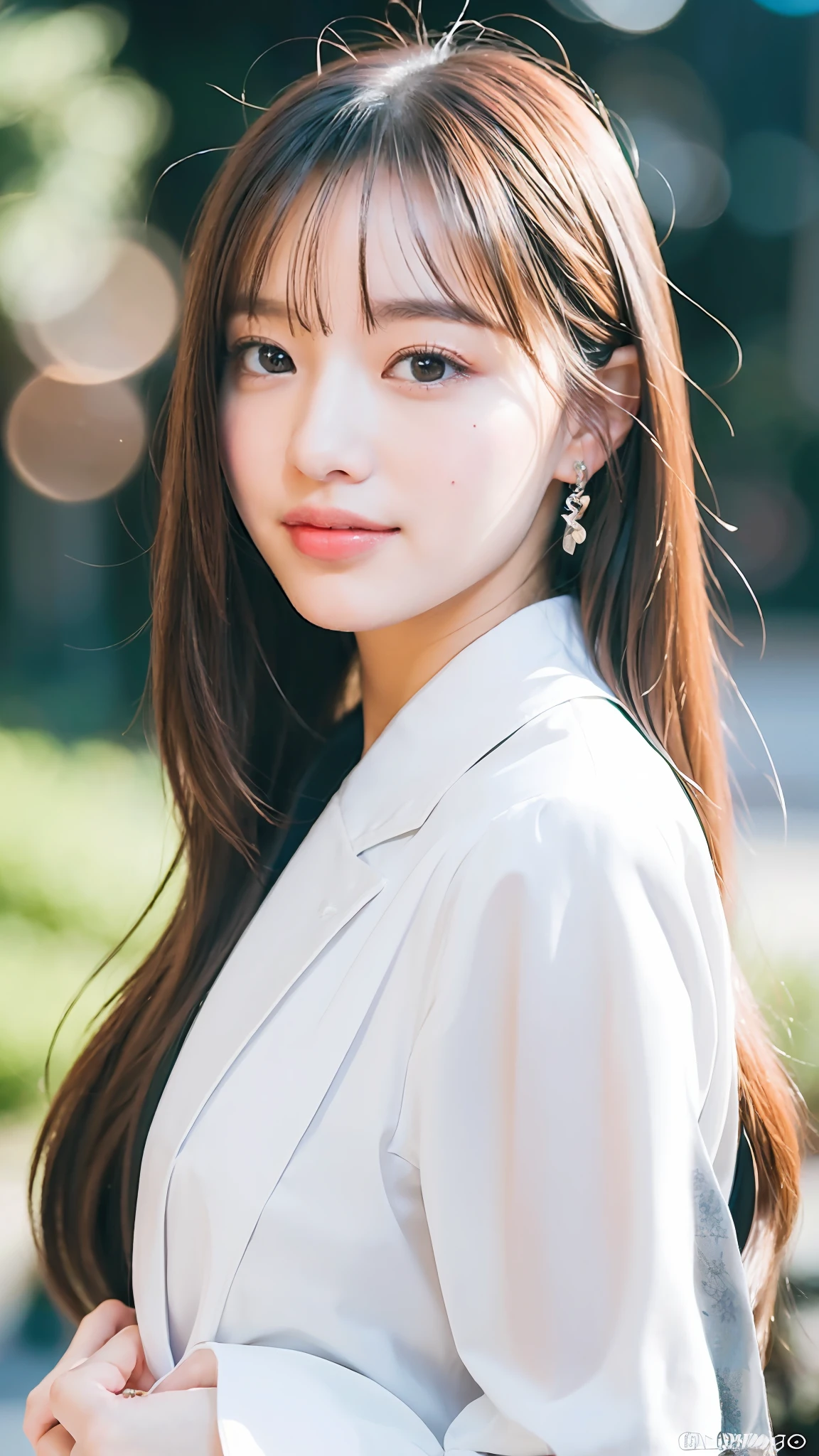 (8K, Best Quality, Masterpiece, Ultra High Definition, High Definition Face: 1.3), Portrait, (20-year-old girl: 1.3), Beautiful, Cute, Bokeh, (full body shot: 1.3), light smile, formal clothes, face the front,