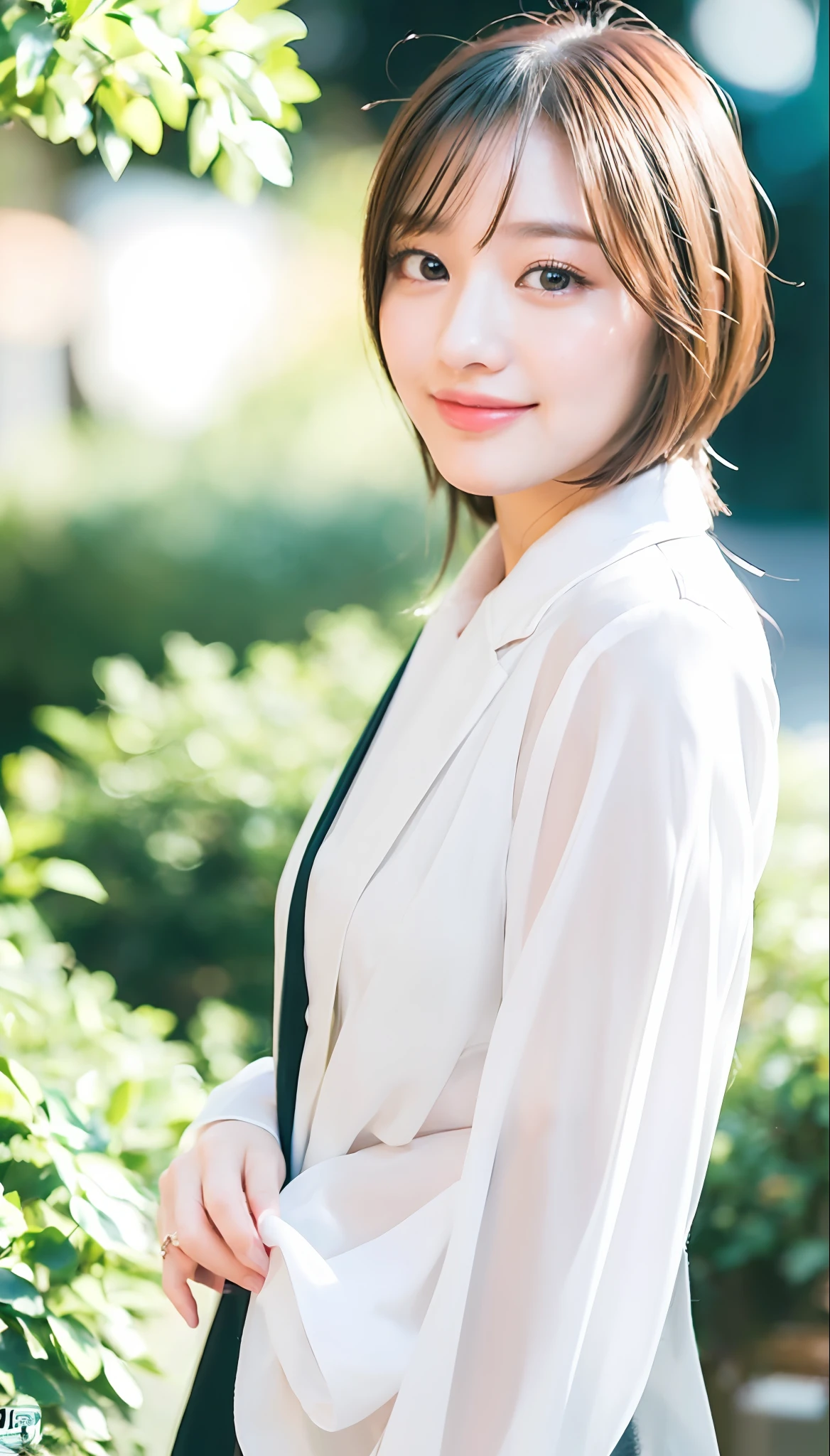 (8K, Best Quality, Masterpiece, Ultra High Definition, High Definition Face: 1.3), Portrait, (20-year-old girl: 1.3), Beautiful, Cute, Very Short Hair, Bokeh, (full body shot:1.3), Light smile, Formal clothes, face the front,