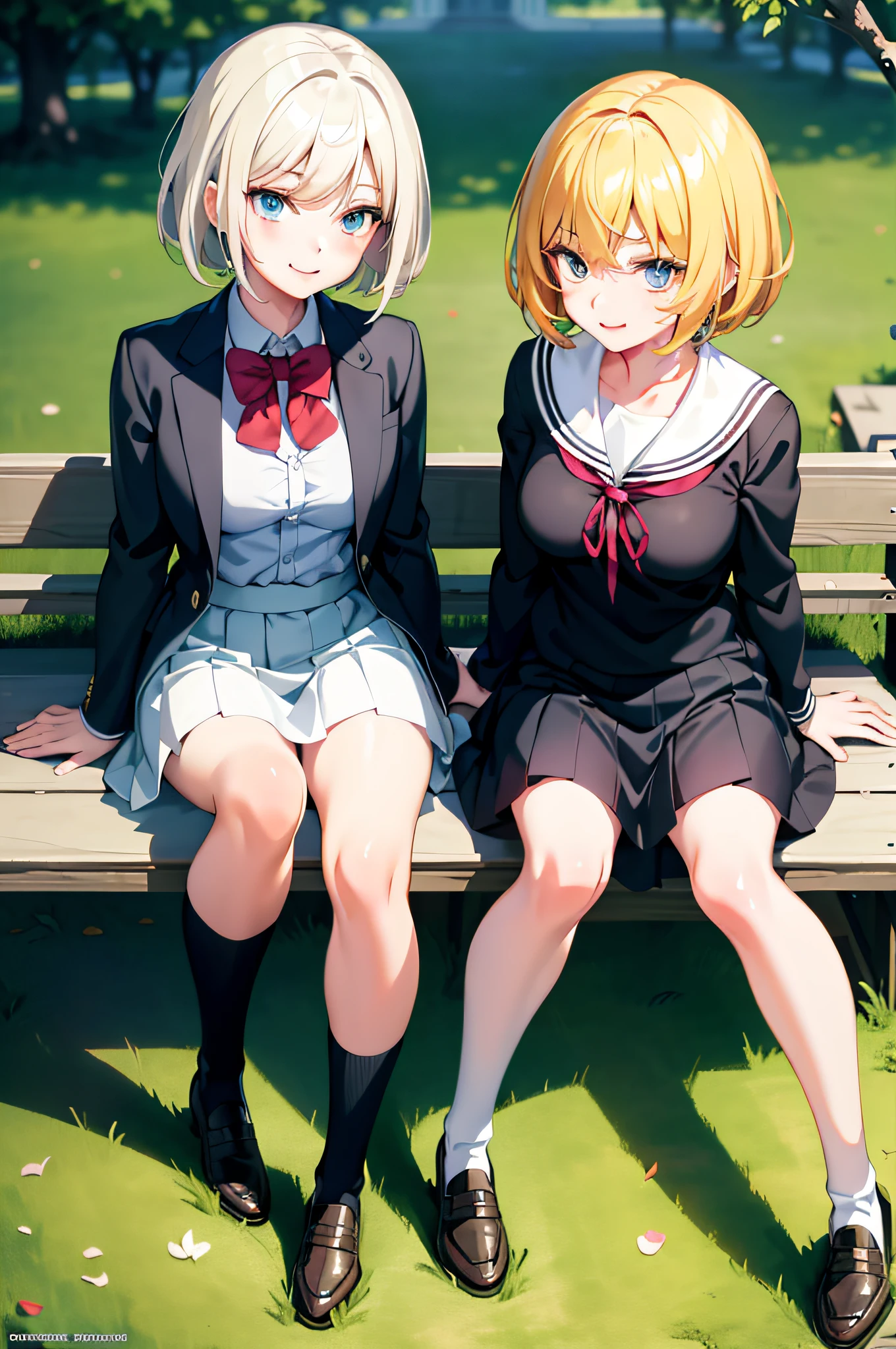 anime, masterpiece, best quality, (best illustration), surreal schoolgirl crossing legs on park bench, seductive anime girl, cute girl anime visual, young anime girl, fine details, blonde hair, pretty eyes, light smile, medium breasts, short hair, black socks, loafers
