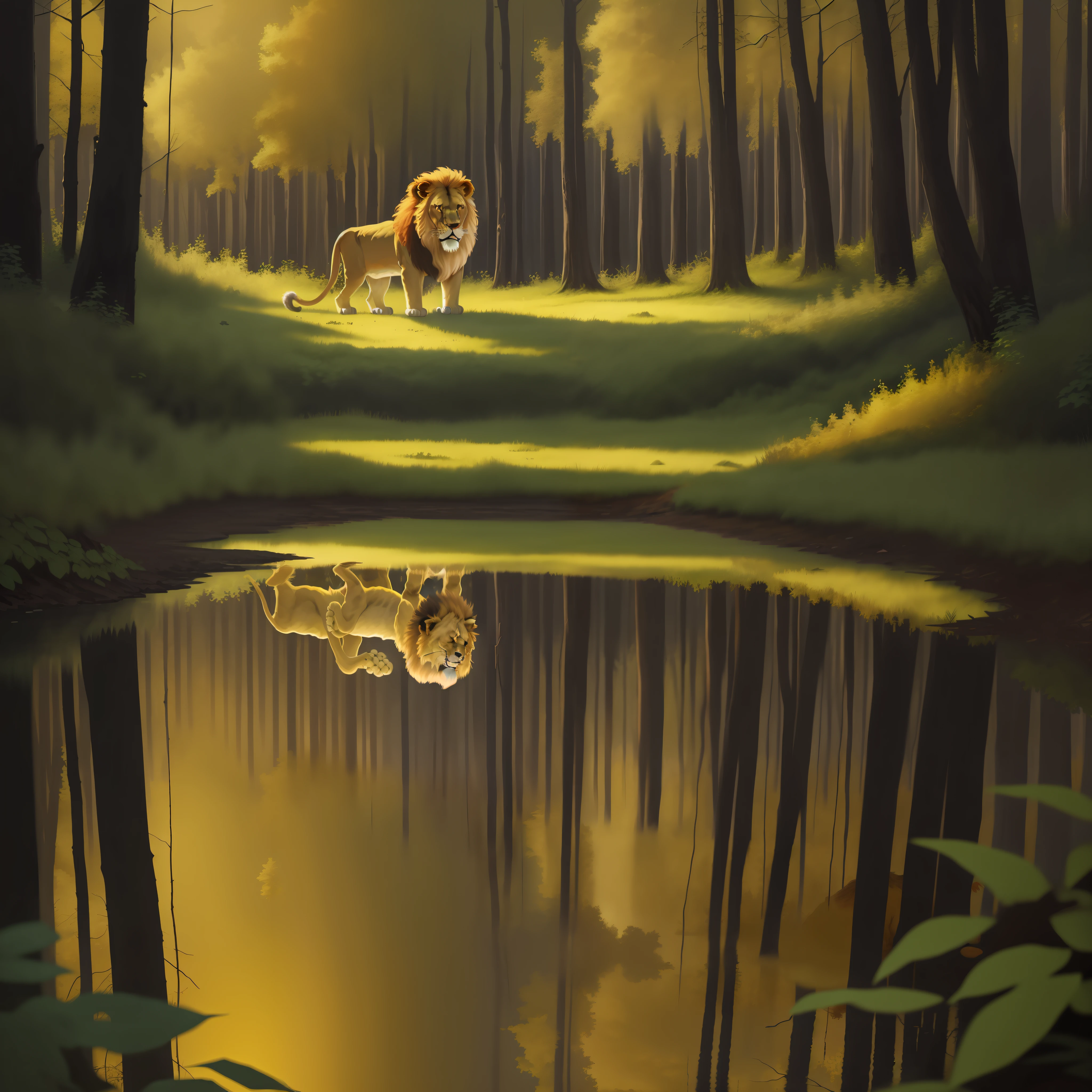 Lion reflecting in the forest
