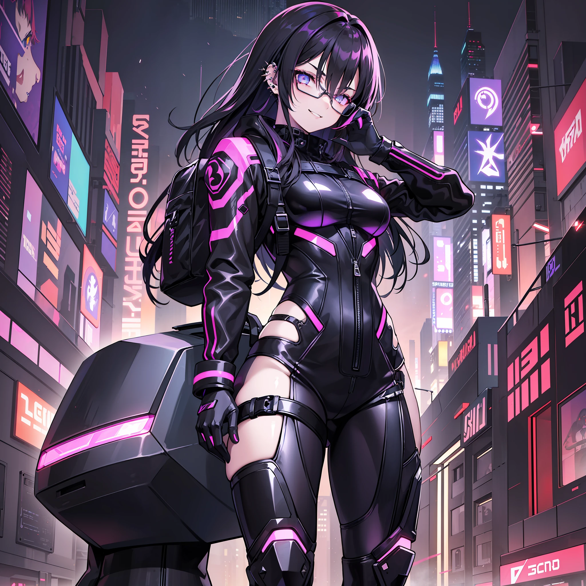 One girl, various poses, Dark violet hair, amber eyes, cyberpunk style, black leather suit, metallic details, blue LED lights, technological gloves, boots with holographic soles, augmented reality glasses, tactical backpack, piercing gaze, enigmatic smile, arched eyebrows, tactical and strategic ability, technological ability, individualistic and reserved.