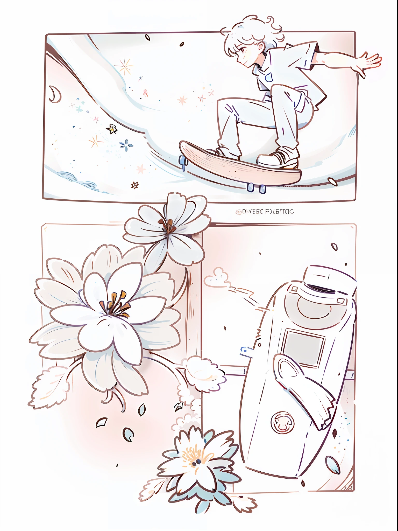 Sketch of a man riding skateboard in flower area, comic page, full page illustration, stylized comic art, comic illustration, , full page illustration, color page, pick up a flower, comic concept art, full page scan, publishing art, comic book page, comic page