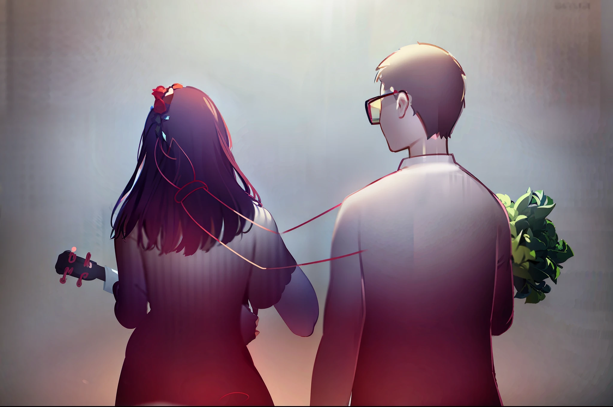 There is a woman standing next to a painting, a man holding a bouquet of flowers, double exposure of love, rotoscoping, rotating mirror, concept art of love, romantic couple, person in the foreground, scratches on a photo, man and woman in love, holding a rose, couple, illustration, looking at each other unconsciously