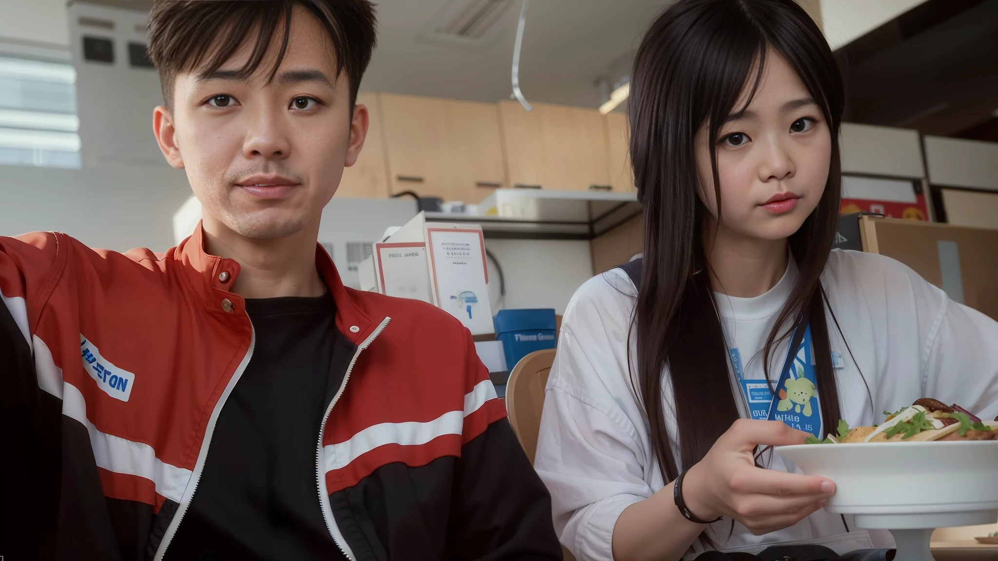 there are two people sitting at a table eating food, 😭🤮 💔, ruan jia and brom, shot on leica sl2, aesthetic shot, jordan grimmer and natasha tan, smooth in _ the background, shot on nikon z9, shot on canon eos r5, shot on canon eos r 5, captured on canon eos r 6, potrait