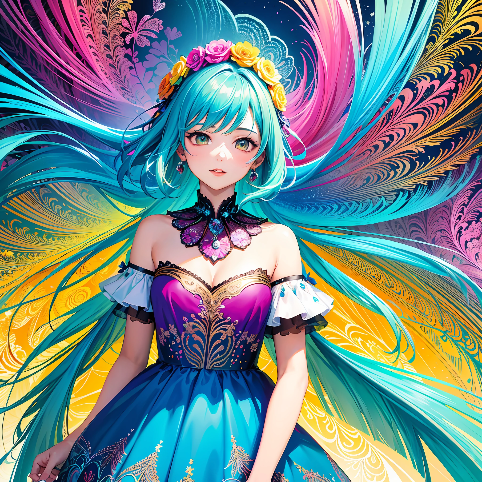 colorful flowers, feather, (masterpiece, top quality, best quality, official art, beautiful and aesthetic:1.2), (1girl:1.3), (fractal art:1.3),