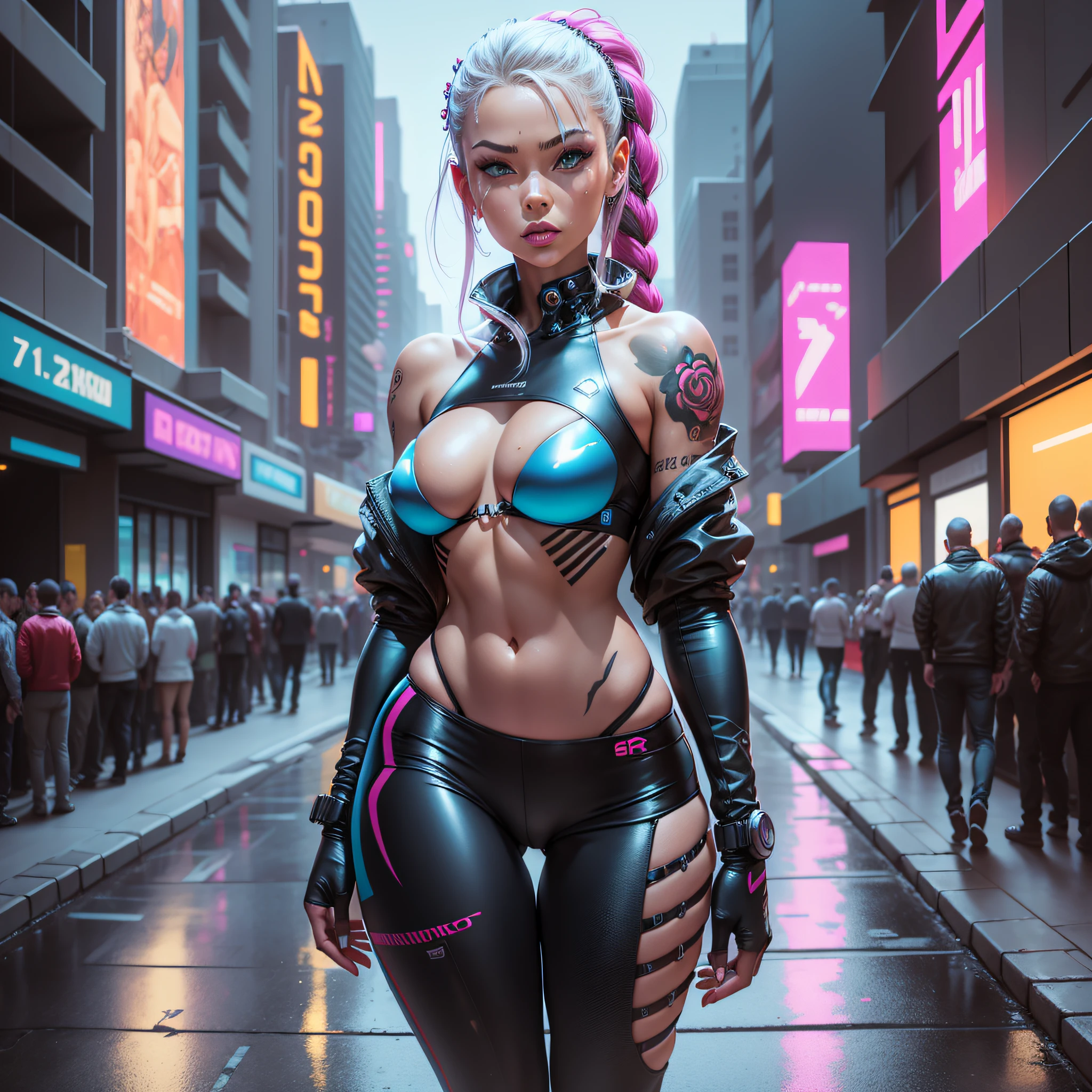 ((Cyberpunk art technique by Josan Gonzalez)), (Art inspired by the technique of Charles Lavesso) ,((Best masterpiece in the world)), art rich in colors, ((Realism)), (Brazilian woman), (extremely beautiful girl: 1.2), mature, sexy woman, (full body), (semi-naked girl), sexy pose, (Crisp face), (one eye is bionic), (ponytail hair with variations), shaved and braided hair on the side, hair, blond, black, red, random hair lock color, perfect body, strawberry mouth with shine, mouth little open, eyes symmetrical, seductive look, beautiful eyes ultra detailed and with brightness), makeup, perfect hands with 4 fingers and a thumb, full buttocks and rounded medium and laterally, tendency ass of the Brazilian, small and round breasts, and protruding areolas), (pubic hair barely visible), piercing in the navel, tattoos on the body, tattoo style Irezumi, thin waist, tanned skin, bikini marks on tanned skin, metehumam skin, hyper detailed skin with visible pores, small discolored body hairs, bionic, legging, (transparent crystal plastic top: 1.2), (transparent plastic bag), (transparent crystal plastic fabric), wet with sweat, (see through fabric), Cyber Punk style jacket, high heel shoes, ((Metropolises night city of Cyber Punk night background extremely detailed: 1.4)), cyber punk walking npcs, parked sport bikes, (billboards: 1.2), glass cover, disco, alley, beach, landscape, neon, wet floor, glow efect, (8k resolution: 1.2), (Canon EOS R6), Artstation trend, Lumen[, sharp, Unreal 5, photorealistic art, Ray Tracing, (High Dynamic Range 10 plus), surrealism, shadow, stereogram, Lens Flare light, (hyper realistic light and shadow: 1.2) ;