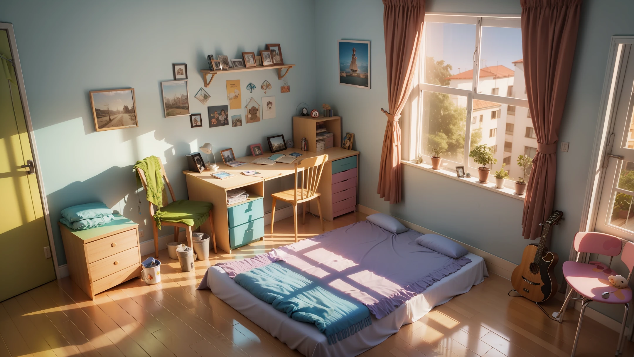 3D cartoon, bedroom of a young Brazilian boy, unmade bed, a chair facing the window, 4K --auto --s2