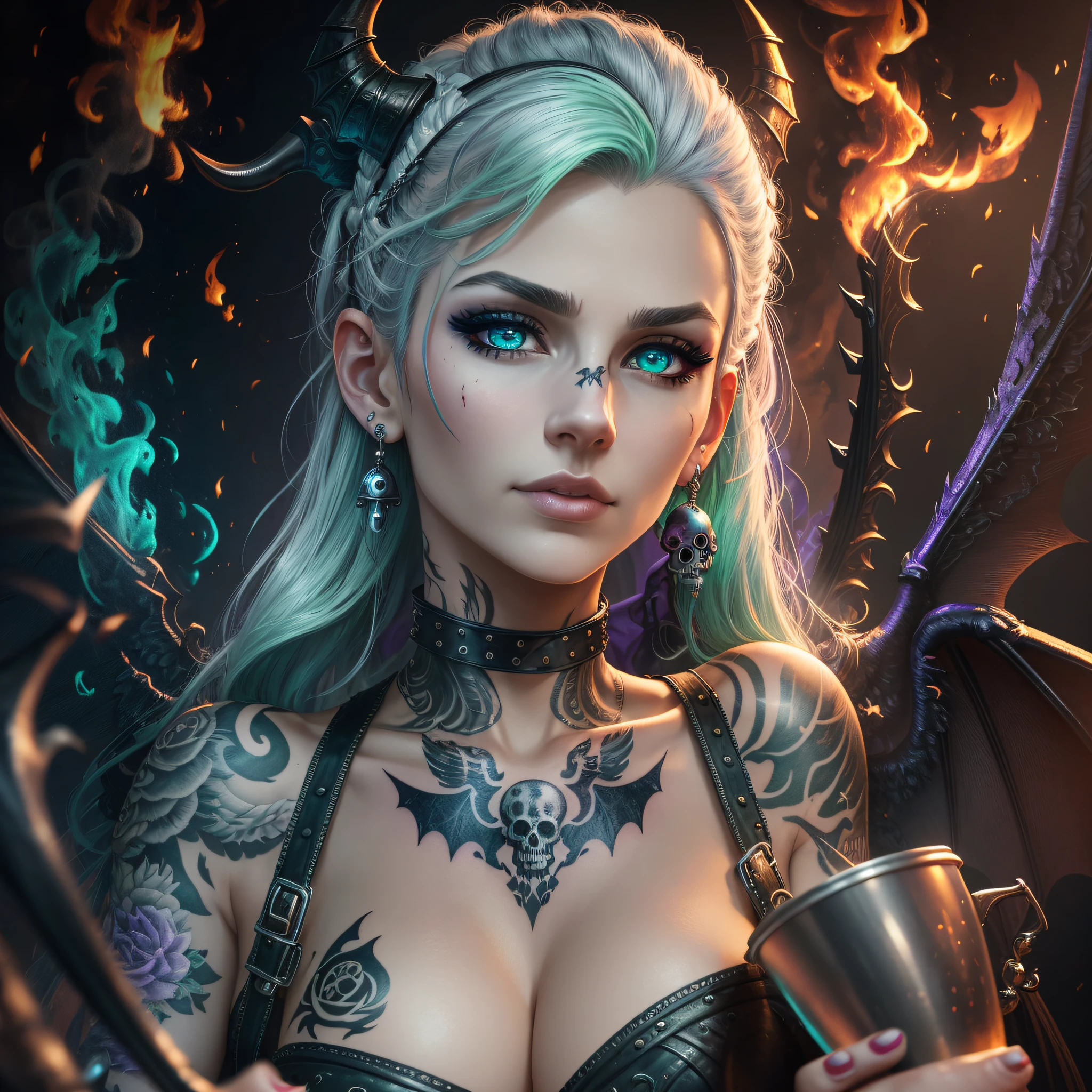 high quality, masterpiece, portrait, bust, 1 woman, middle aged, white, fleshy lips, details, nose piercing, punk style green hair, cyberpunk corset, collar with thorns, big and bright blue eyes, sensual face, stuffy nose, details on face, well detailed, blurred scenery, flame shaped earrings, bright silver earrings, tattoo on bust, skull tattoo with wings,  Focus on the woman, fire and smoke in the background, scenery half light, cup in the shape of horn, woman holding the cup, detail in the cup, bat wing in the cup, purple steam coming out of the cup, fillet of blood running down the woman's mouth, realism, ultra realism, higher definition, top, well rendered --auto --s2