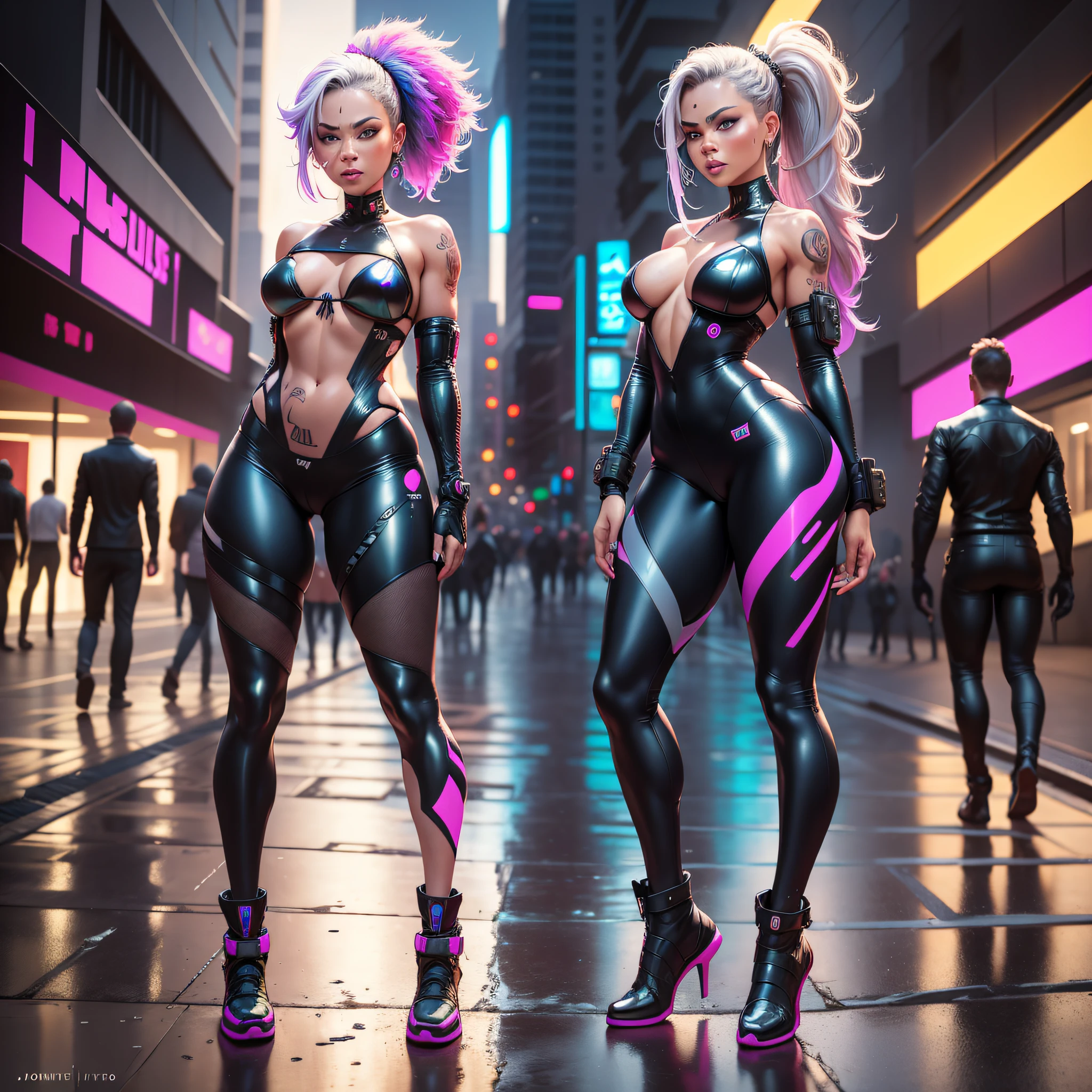 ((Cyberpunk art technique by Josan Gonzalez)), (Art inspired by the technique of Charles Lavesso) ,((Best masterpiece in the world)), art rich in colors, ((Realism)), (Brazilian woman), (extremely beautiful girl: 1.2), mature, sexy woman, (full body), (semi-naked girl), sexy pose, (Crisp face), (one eye is bionic), (ponytail hair with variations), shaved and braided hair on the side, hair, blond, black, red, random hair lock color, perfect body, strawberry mouth with shine, mouth little open, eyes symmetrical, seductive look, beautiful eyes ultra detailed and with brightness), makeup, perfect hands with 4 fingers and a thumb, full buttocks and rounded medium and laterally, tendency ass of the Brazilian, small and round breasts, and protruding areolas), (pubic hair barely visible), piercing in the navel, tattoos on the body, tattoo style Irezumi, thin waist, tanned skin, bikini marks on tanned skin, metehumam skin, hyper detailed skin with visible pores, small discolored body hairs, bionic, legging, (transparent crystal plastic top: 1.2), (transparent plastic bag), (transparent crystal plastic fabric), wet with sweat, (see through fabric), Cyber Punk style jacket, high heel shoes, ((Metropolises night city of Cyber Punk night background extremely detailed: 1.4)), cyber punk walking npcs, parked sport bikes, (billboards: 1.2), glass cover, disco, alley, beach, landscape, neon, wet floor, glow efect, (8k resolution: 1.2), (Canon EOS R6), Artstation trend, Lumen[, sharp, Unreal 5, photorealistic art, Ray Tracing, (High Dynamic Range 10 plus), surrealism, shadow, stereogram, Lens Flare light, (hyper realistic light and shadow: 1.2) ;