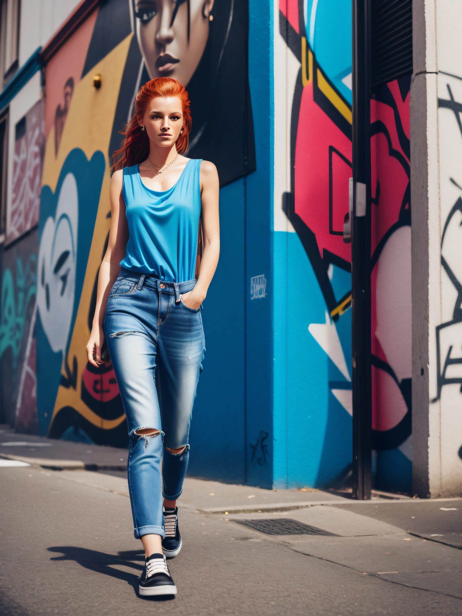 street girl, modern style dress, blue top dress without bra underneath, jeans with rip, with reddish blonde hair, a tribal tattoo on the arm, black eyes, ((full body)), ((perfect face)),((perfect iris eyes)), walking in the city by day, on street with some cars and walls with graffiti art, Social realism, Realism, ray tracing,  reflection light, high quality, high details, super detail, 8k, 16k, best quality