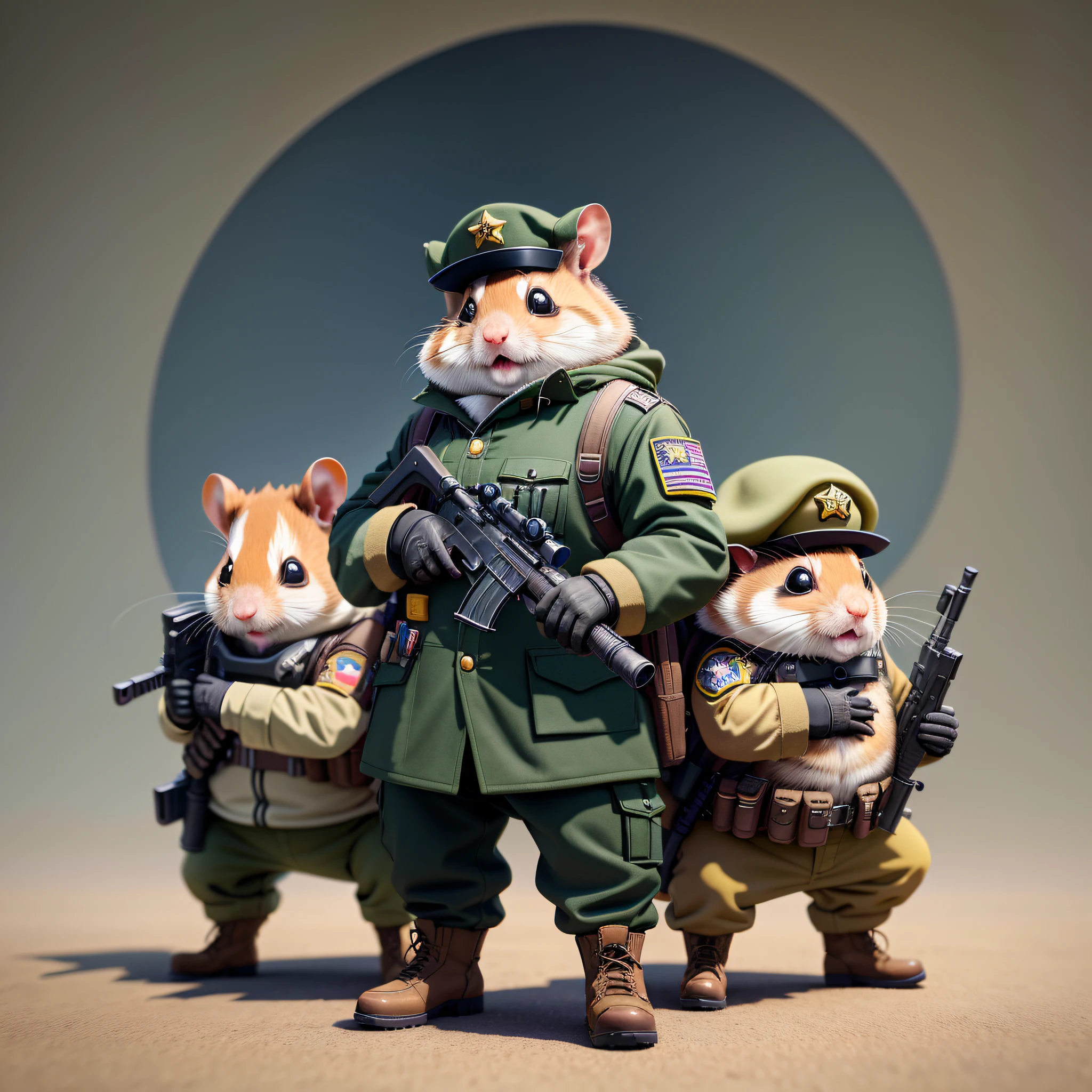 there is a hamster dressed in a military outfit and holding a gun, hamsters holding rifles, wearing gloves, cute 3 d render, adorable digital painting, 3 d render stylized, marmoset render 3d render art, hamster, super detailed render, cg render, an anthropomorphic gangster rat