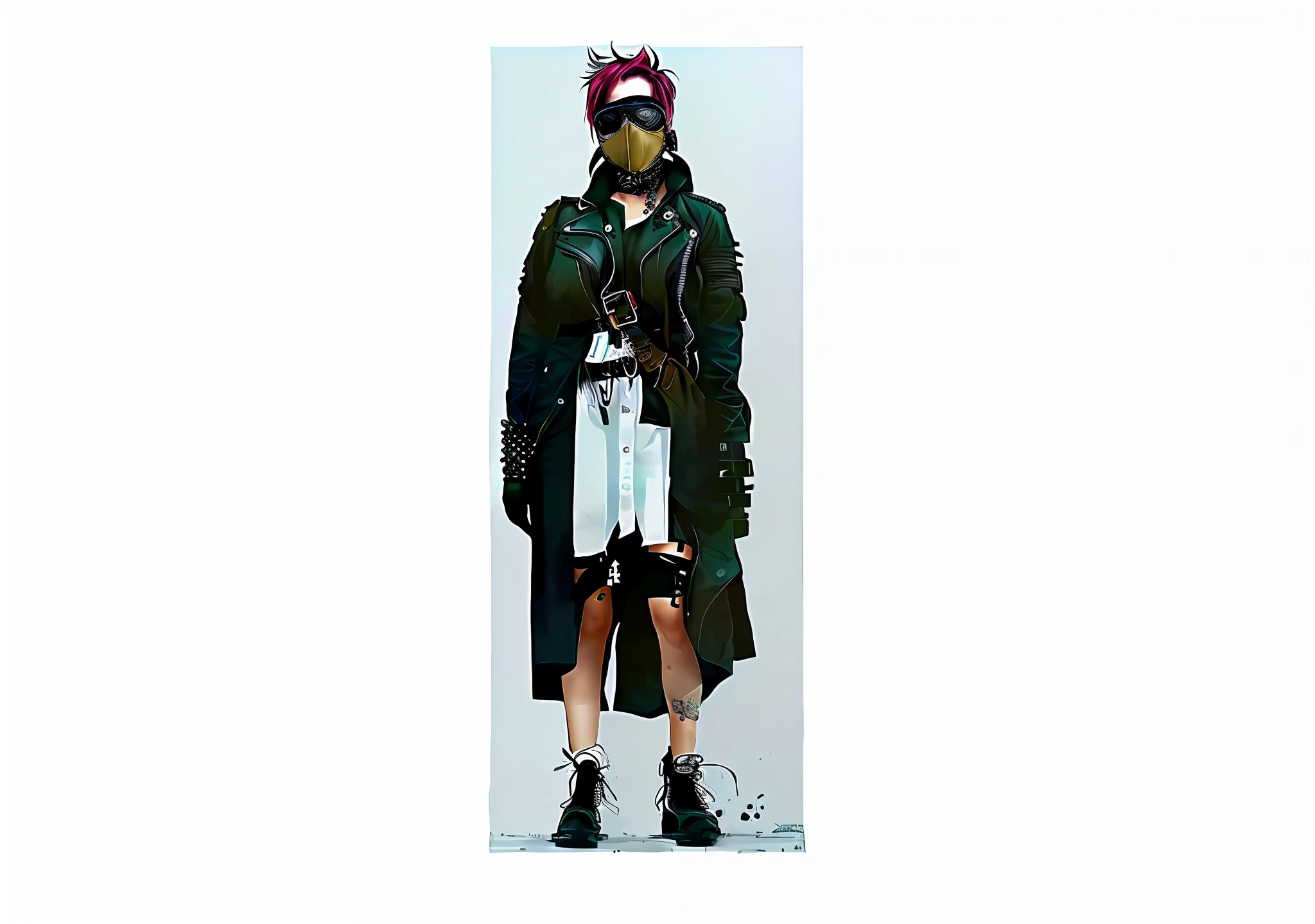 "Watercolor realistic style, female characters in futuristic punk, wasteland punk, and tech costumes (brown, weight 1.3), shabby fashion and gas masks, faceless, close-up of the heroine's face with smudge highlights and shadow effects, mask on the face.