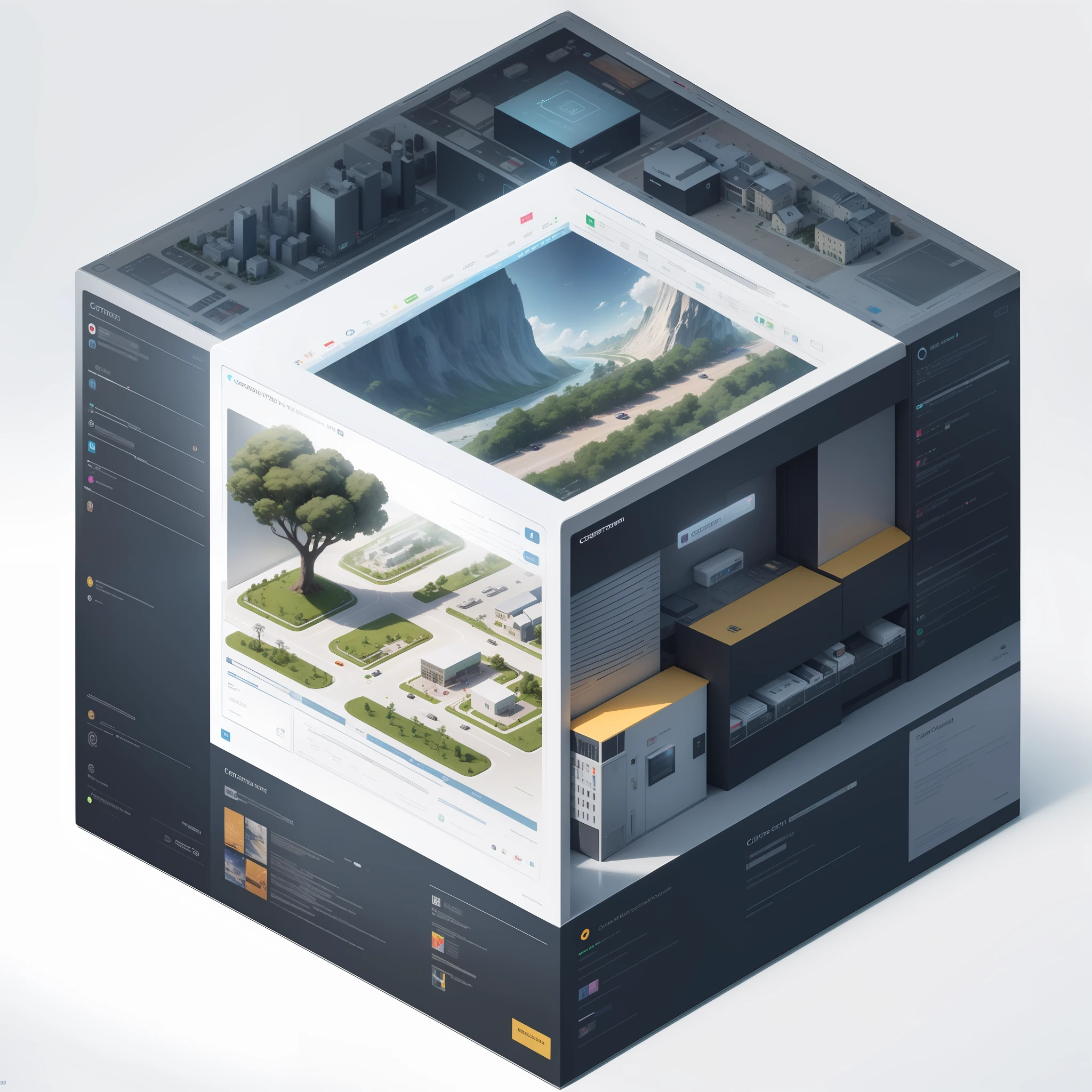 Digital ecosystem, digital service platform, data center, IoT device, cloud computing, artificial intelligence, smart city, chart data, electronic device, e-commerce website, financial institution, smart city, blind box toy style, high detail, ray tracing, stereogram, three sided view, Op art, 8k, high details, high quality, 8k, masterpiece, ccurate, best quality --auto --s2