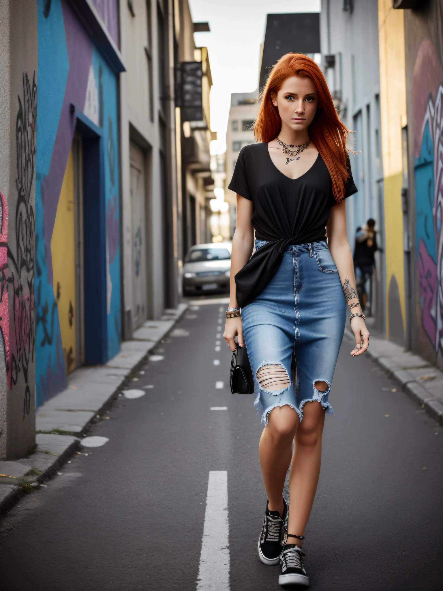 street girl, modern style dress, blue top dress without bra underneath, jeans with rip, with reddish blonde hair, a tribal tattoo on the arm, black eyes, ((full body)), ((perfect face)),((perfect iris eyes)), walking in the city by day, on street with some cars and walls with graffiti art, Social realism, Realism, ray tracing,  reflection light, high quality, high details, super detail, 8k, 16k, best quality