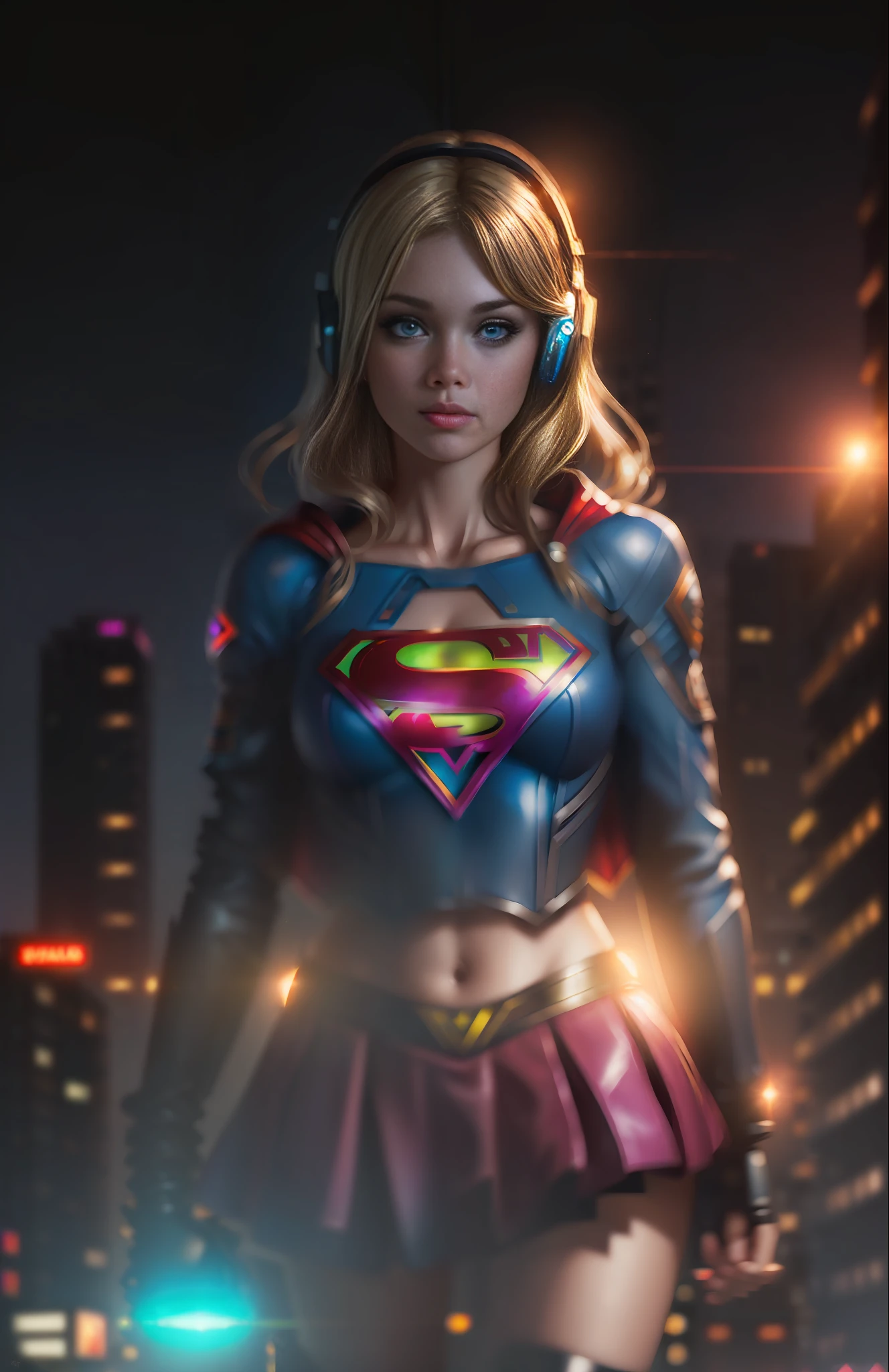 Best quality, realistic, blonde, award-winning Supergirl illustration, (complicated detail: 1.2), (fine detail), (complicated detail), (cinematic lights, best quality backlight), sharp lines, sharp focus, official art, unit 8k wallpaper, absurd, unbelievably absurd, huge file size, ultra- (in_main_street:1.21), (neon lamp), fantasy art, rtx,((triangle closeup photo by award-winning studio)),  1Supergirl, very pretty, (shut up), small breasts, ((Cyberpunk city Street, Battle Maiden)), perfect hands, beautiful detailed blue eyes, Perfect Face, (Cyberpunk blouse, leather jacket, Martin boots) ,,(headphones_around_hair),((pleated skirt) ), ((supermodel pose)),