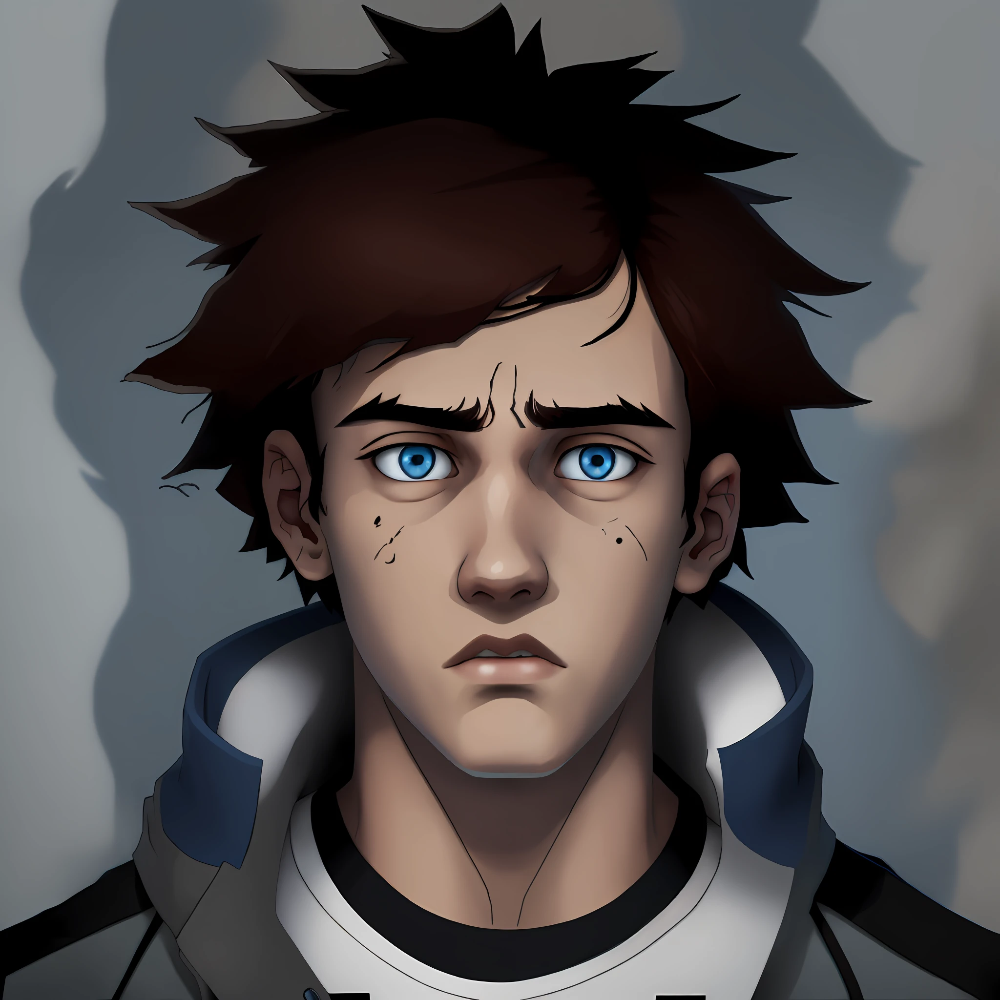 Young ager with messy dark brown hair, messy hair, tired look, sad look, dark circles, blue eyes, depressive, lonely, dark, anemic, black modern clothes, 2d character, young boy
