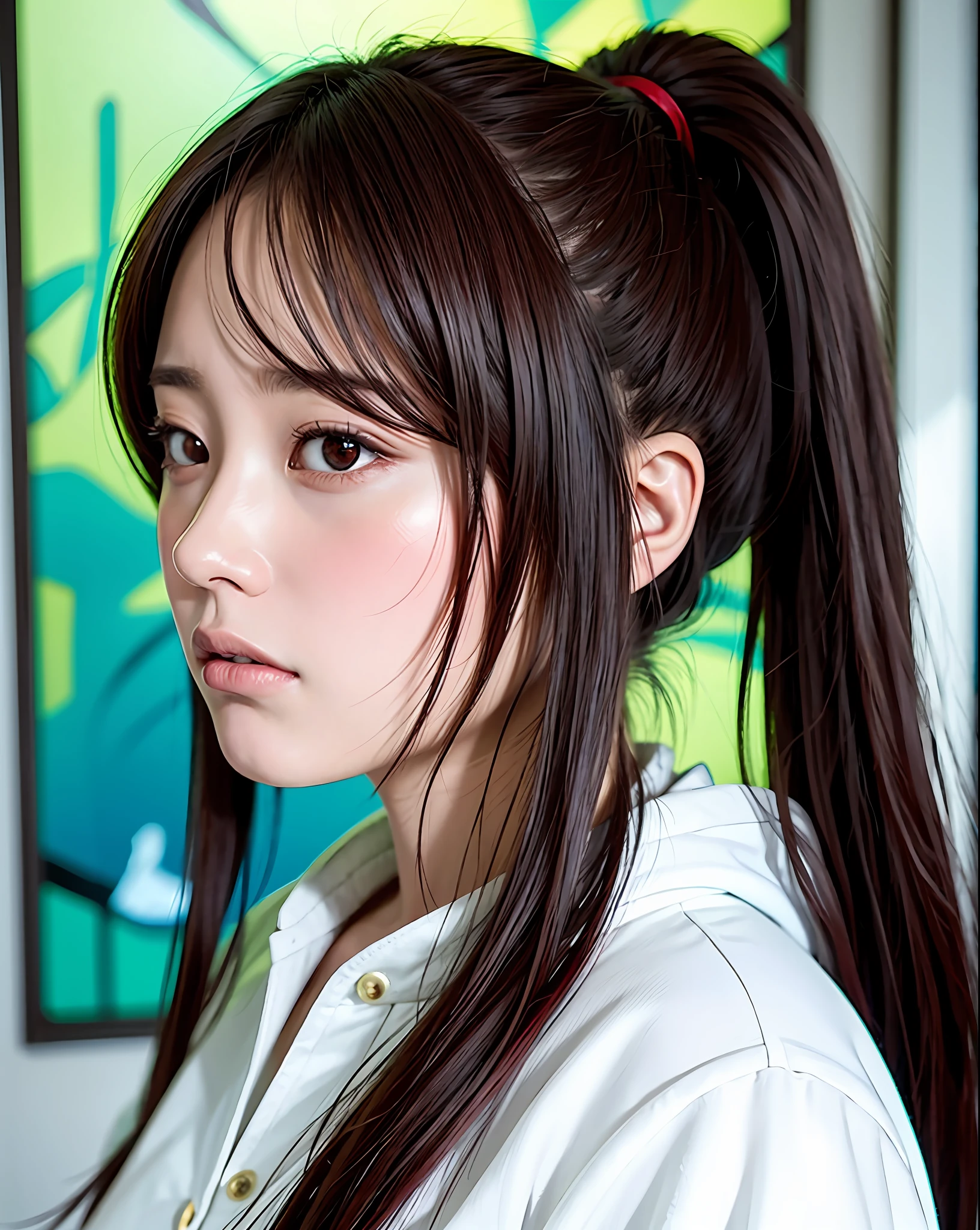 Masterpiece, best quality, detailed eyes, big eyes, swollen eyes, kind expression, facing front, realistic photo, realistic photo, double eyelids, Japanese girl, beautiful Asian girl, beautiful girl, 15 years old, long hair, ponytail, red hair, no bangs, waist up angle, close-up, beautiful stained glass church background, plain green hoodie, red eyes, angry expression,