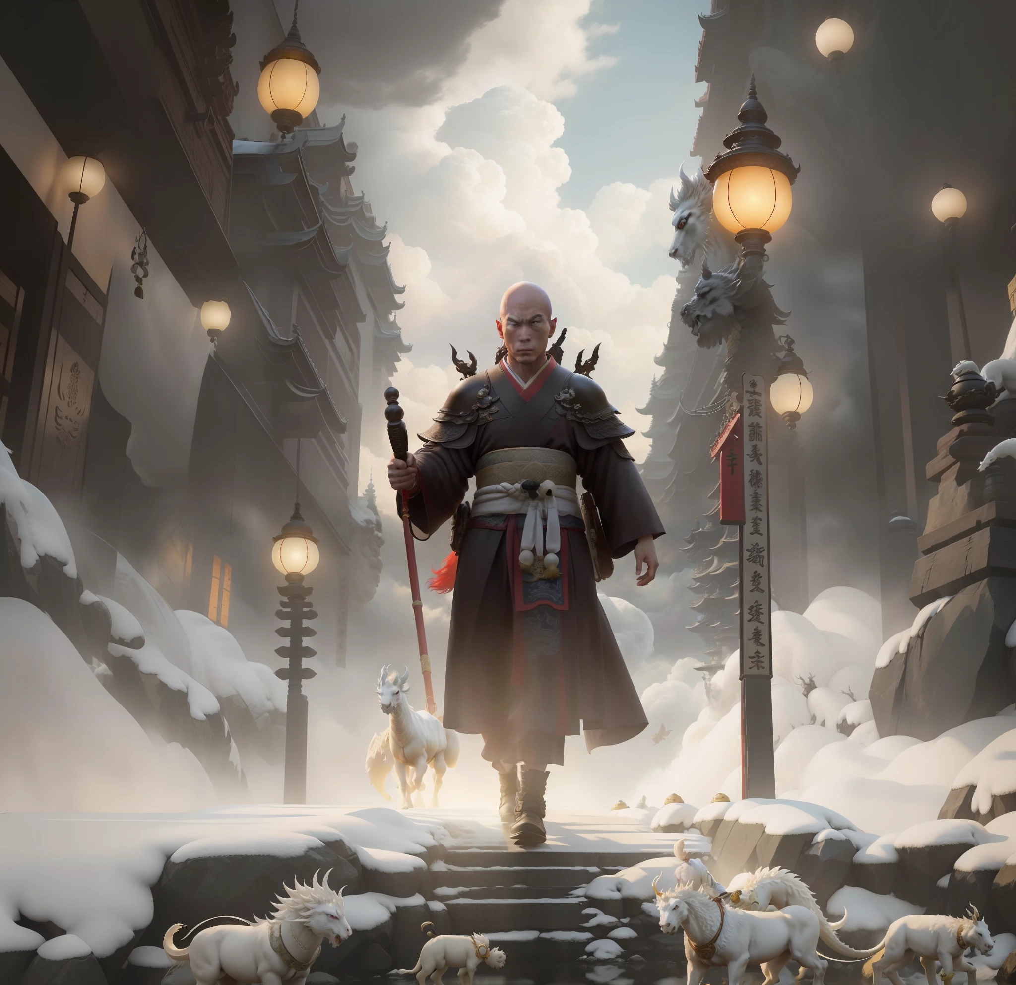 A bald young male monk, a bald male monk in a cassock, walked through the street with a Zen staff, there were white dragon horses, auspicious clouds, a pair of bright eyes, full of wisdom. Yang J, Zhu Feng, Andreas Rocha style, Titi Luatong, Victor Wang, conceptual art | Zhu Feng, Zeng Jing, Wu Baiyard, Yang Jin, Ren Xiong, Ju Chao Tang Monk. The monk of the Tang Dynasty, with a resolute face, holding a Zen staff and a white dragon horse, walked forward, with magnificent and auspicious clouds in the background