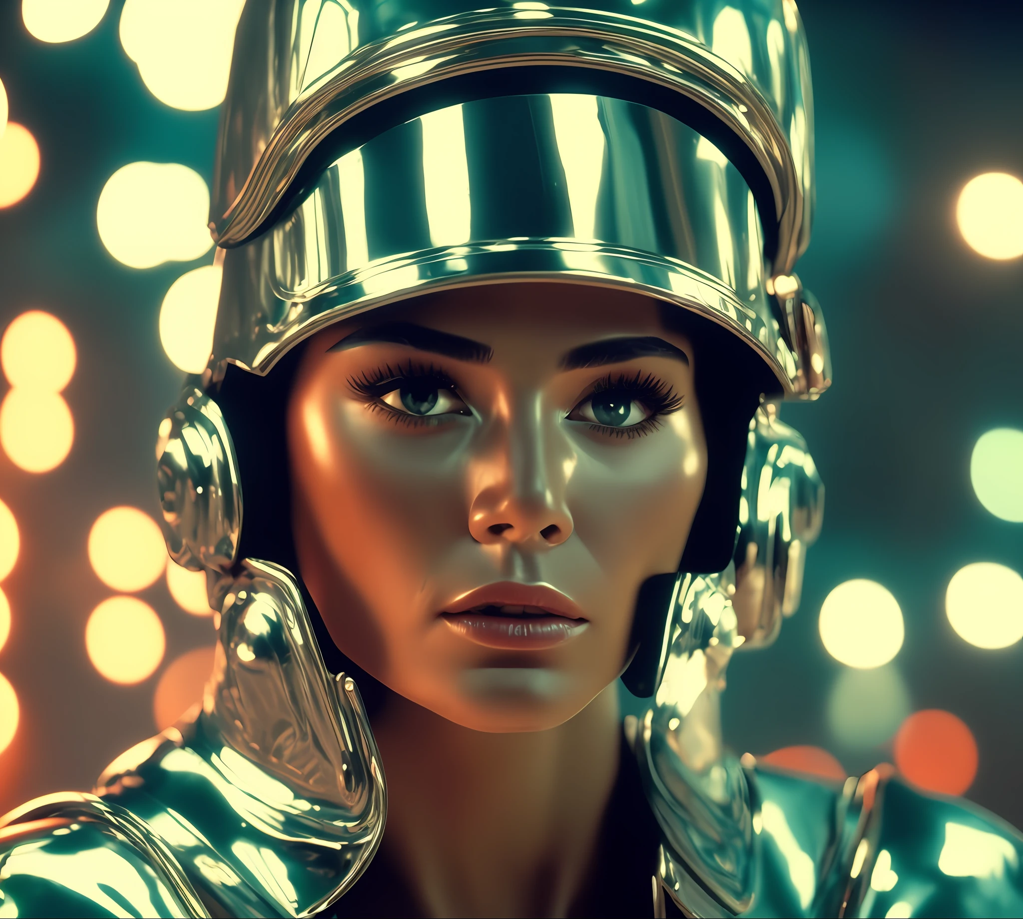 grainy,(extremely detailed:1.3),a close up editorial photo of a person wearing a chrome jet helmet,(movie still from blade runner),detailed glossy eyes,trending on pinterest,(1978 color fellini film),the jewelpunk aesthetic,from star wars (1977),elfpunk,musk ( 2 0 2 4 ),(cinematic lighting,intense volumetrics,hyperrealistic,masterpiece,8k wallpaper),color grading,god ray,kkw-ph1,