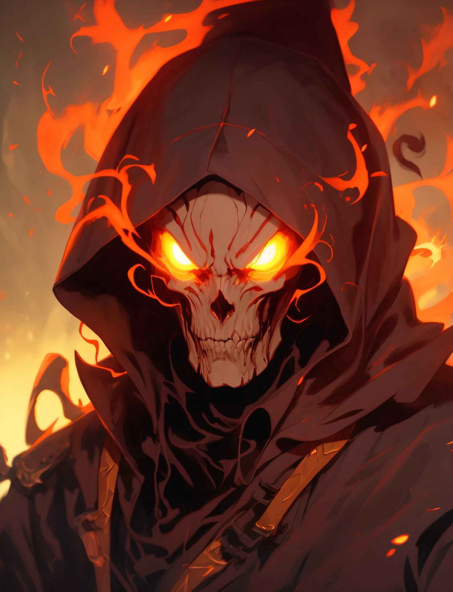 there is a demonic looking man with a hood on and glowing eyes, flaming grim reaper, reaper from overwatch, peter mohrbacher. unreal engine, in the art style of mohrbacher, peter mohrbacher style, darksiders art style, peter mohrbacher artstyle, style of peter mohrbacher, artgerm and atey ghailan