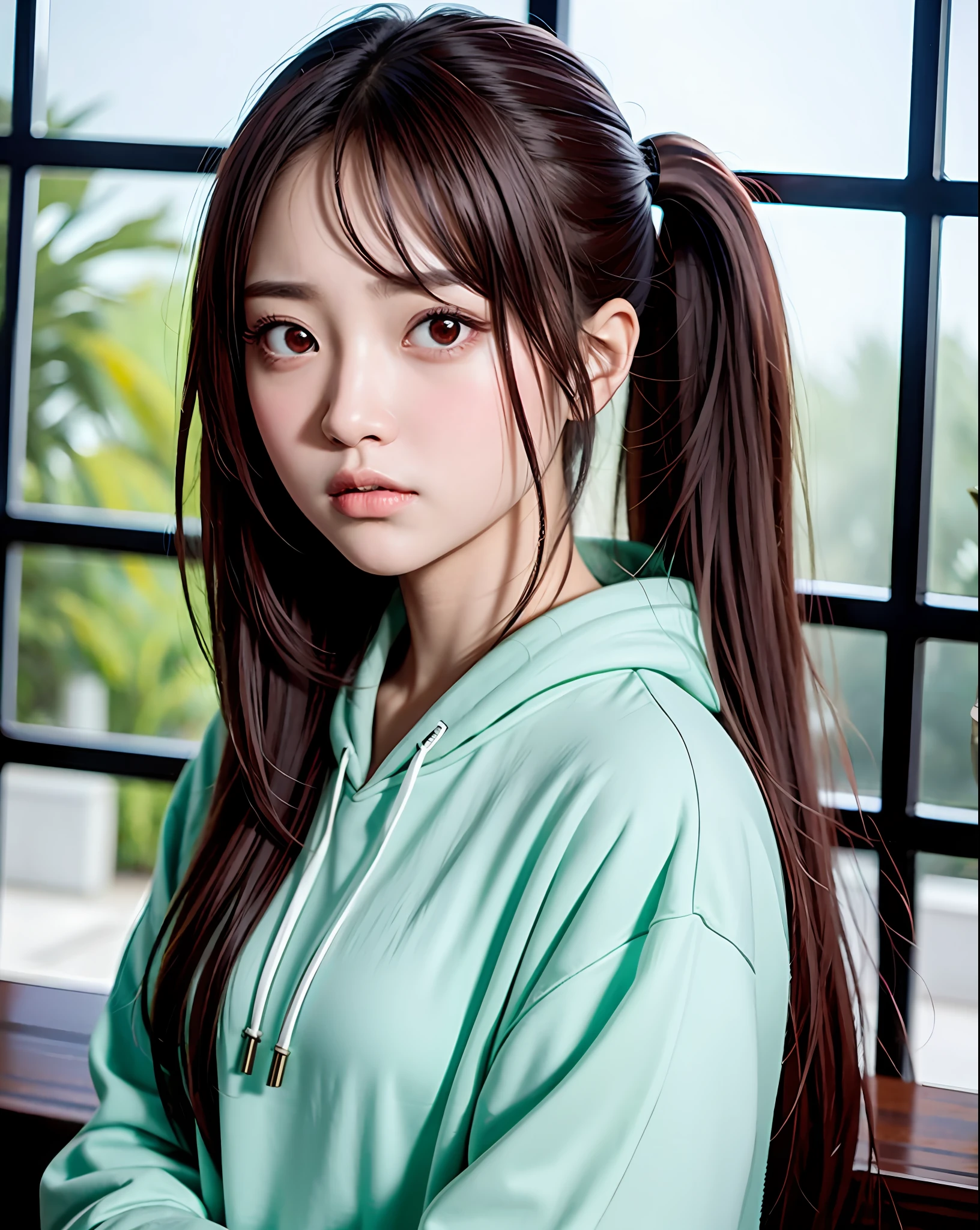 Masterpiece, best quality, detailed eyes, big eyes, swollen eyes, kind expression, facing front, realistic photo, realistic photo, double eyelids, Japanese girl, beautiful Asian girl, beautiful girl, , long hair, ponytail, red hair, no bangs, waist up angle, close-up, beautiful stained glass church background, plain green hoodie, red eyes, angry expression,