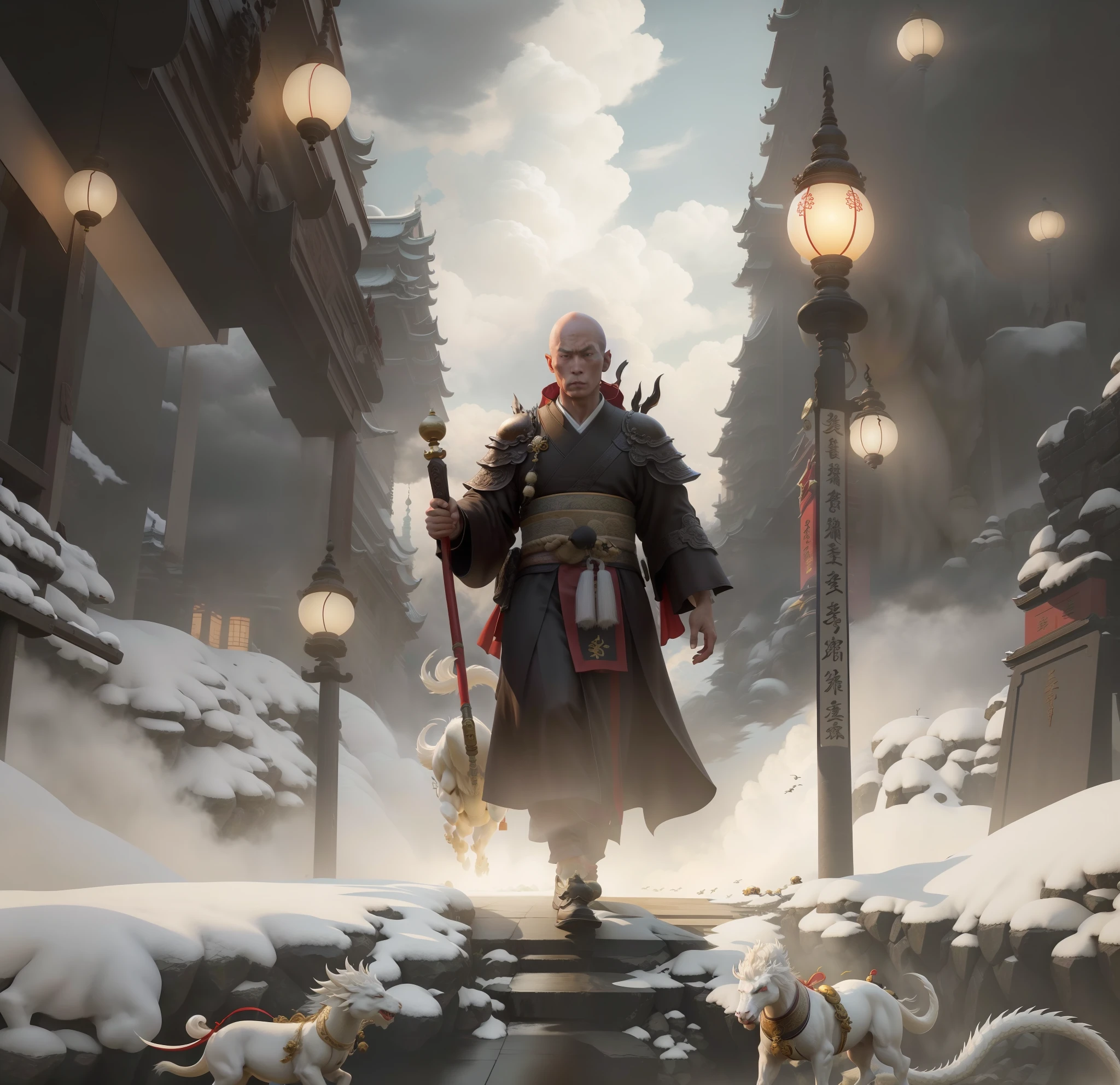 A bald young male monk, a bald male monk in a cassock, walked through the street with a Zen staff, there were white dragon horses, auspicious clouds, a pair of bright eyes, full of wisdom. Yang J, Zhu Feng, Andreas Rocha style, Titi Luatong, Victor Wang, conceptual art | Zhu Feng, Zeng Jing, Wu Baiyard, Yang Jin, Ren Xiong, Ju Chao Tang Monk. The monk of the Tang Dynasty, with a resolute face, holding a Zen staff and a white dragon horse, walked forward, with magnificent and auspicious clouds in the background