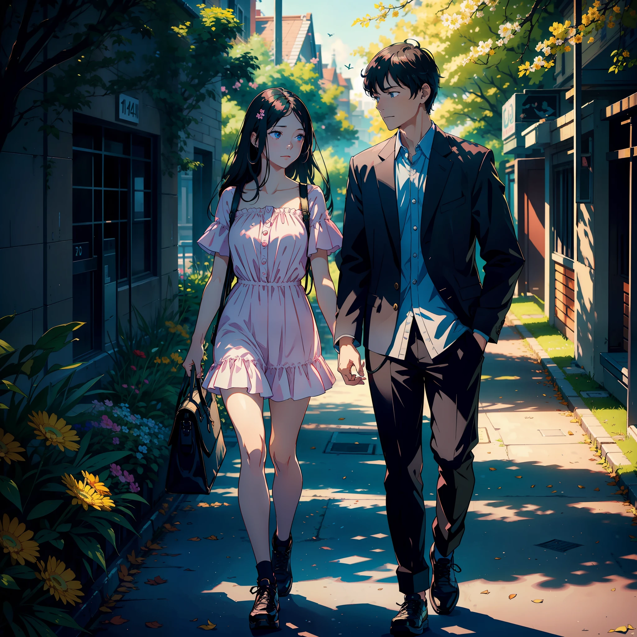 Masterpiece, official art, 8K, highly detailed, of the best quality, a couple walking hand in hand on campus, a 20-year-old girl with a sad expression, long black hair, blue eyes, pink dress, man smiling at the camera, a flock of birds flying overhead, their chirping fills the air, a bouquet of flowers is forgotten on a bench, symbolizing their failed relationship, the leaves on the tree turn from green to yellow, a sign that time is passing