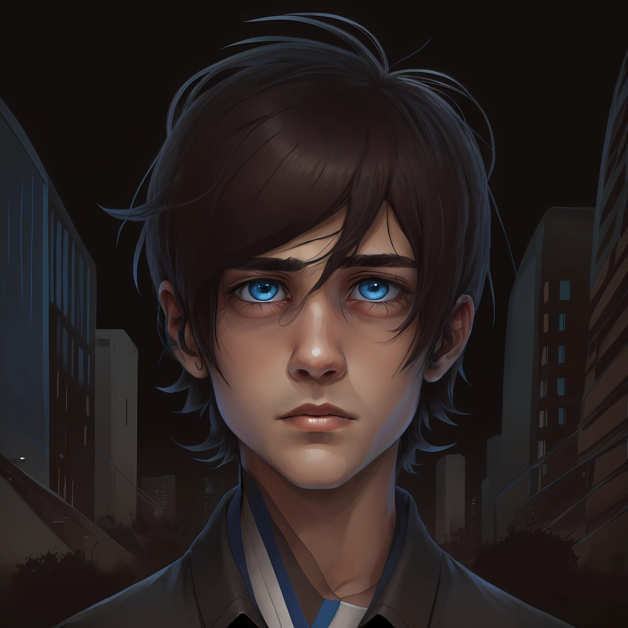 Young ager with messy dark brown hair, messy hair, tired look, sad look, dark circles, blue eyes, depressive, lonely, dark, anemic, black modern clothes, 2d character, young boy